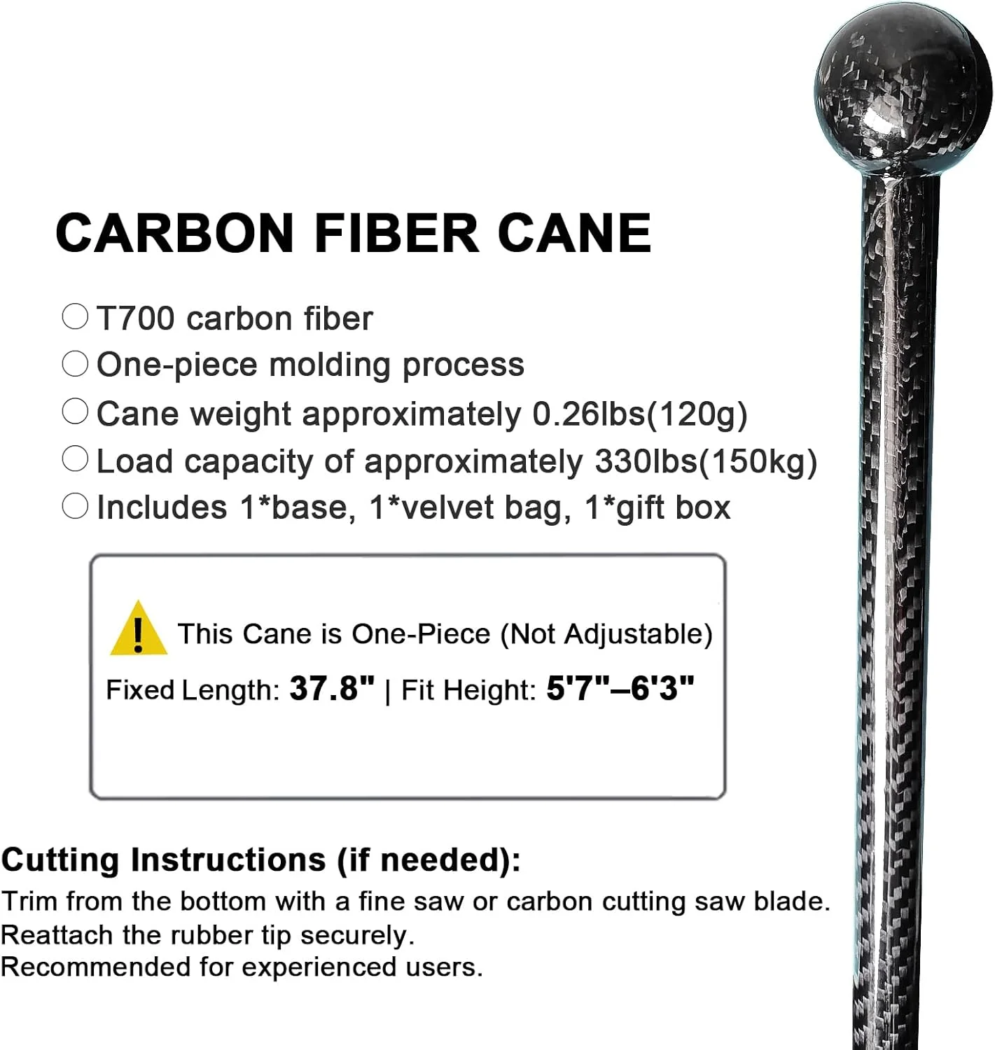 عصای پیاده روی فیبر کربنی یک تکه - دسته ارگونومیک گرد، طراحی تزئینی شیک، عصای فیبر کربنی فوق سبک برای مردان و زنان، 37.8 اینچ