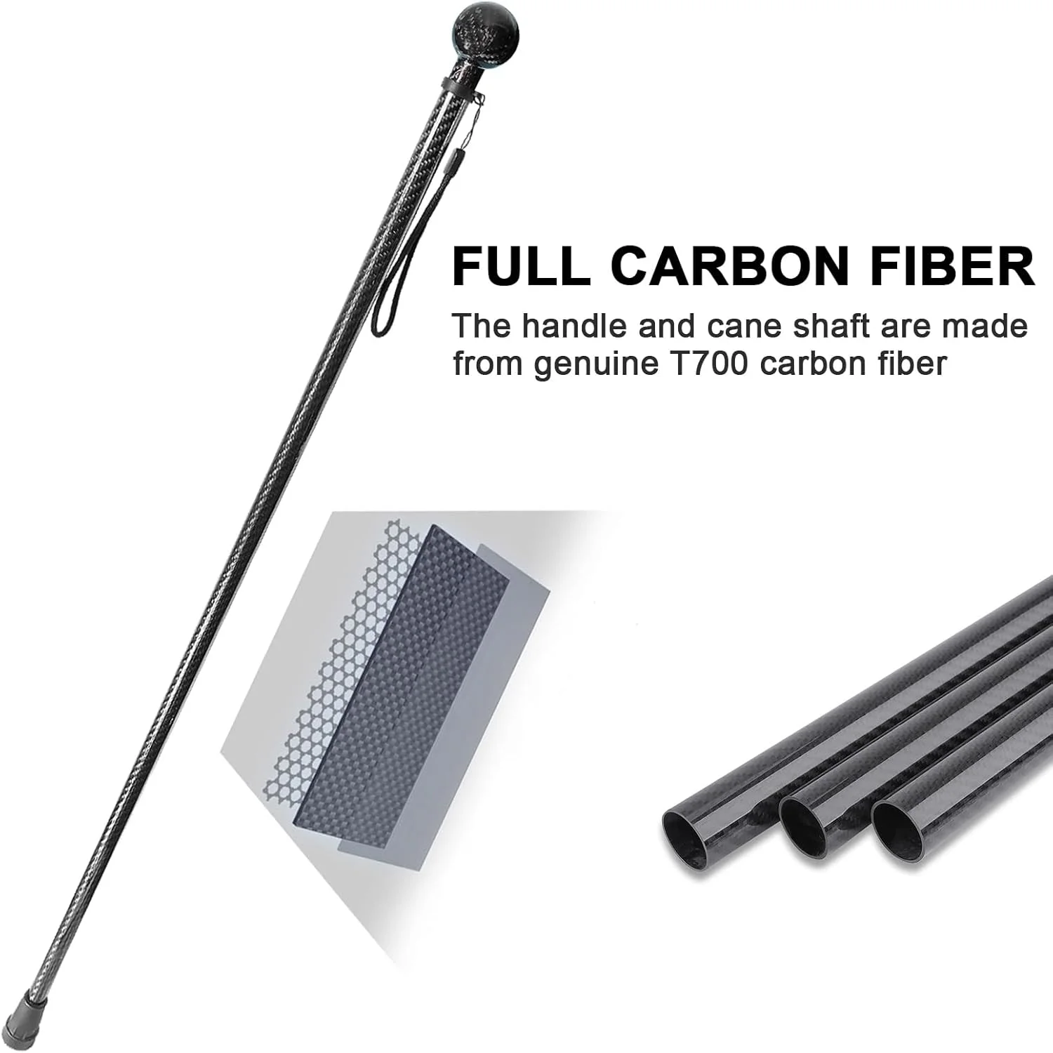 عصای پیاده روی فیبر کربنی یک تکه - دسته ارگونومیک گرد، طراحی تزئینی شیک، عصای فیبر کربنی فوق سبک برای مردان و زنان، 37.8 اینچ