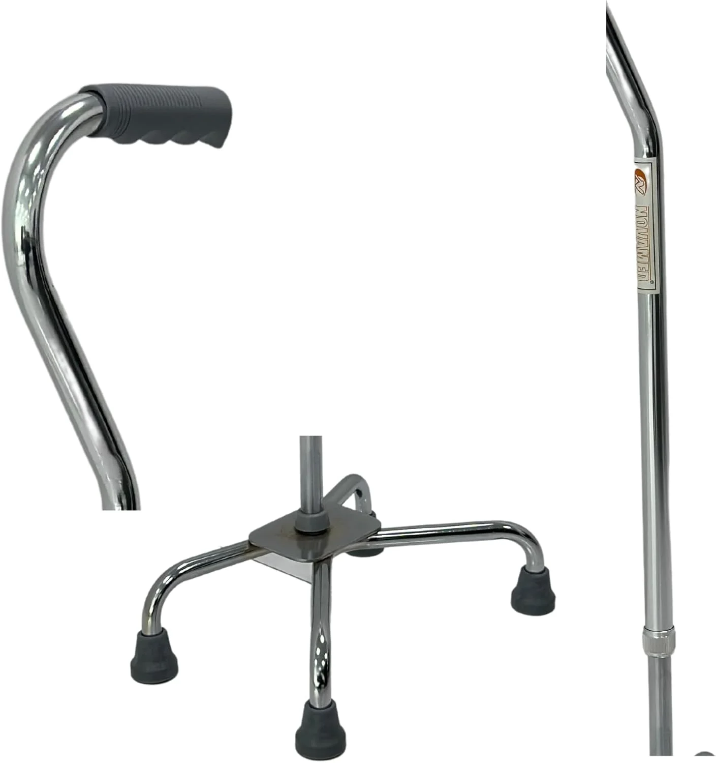 عصای چهارپایه بریاتریک نوامد 931 با پایه کوچک و دسته گرد، ساخته شده از آلومینیوم سبک وزن. طراحی شده با مرکز ثقل پایین برای ثبات و تعادل بیشتر، دارای قابلیت تنظیم ارتفاع