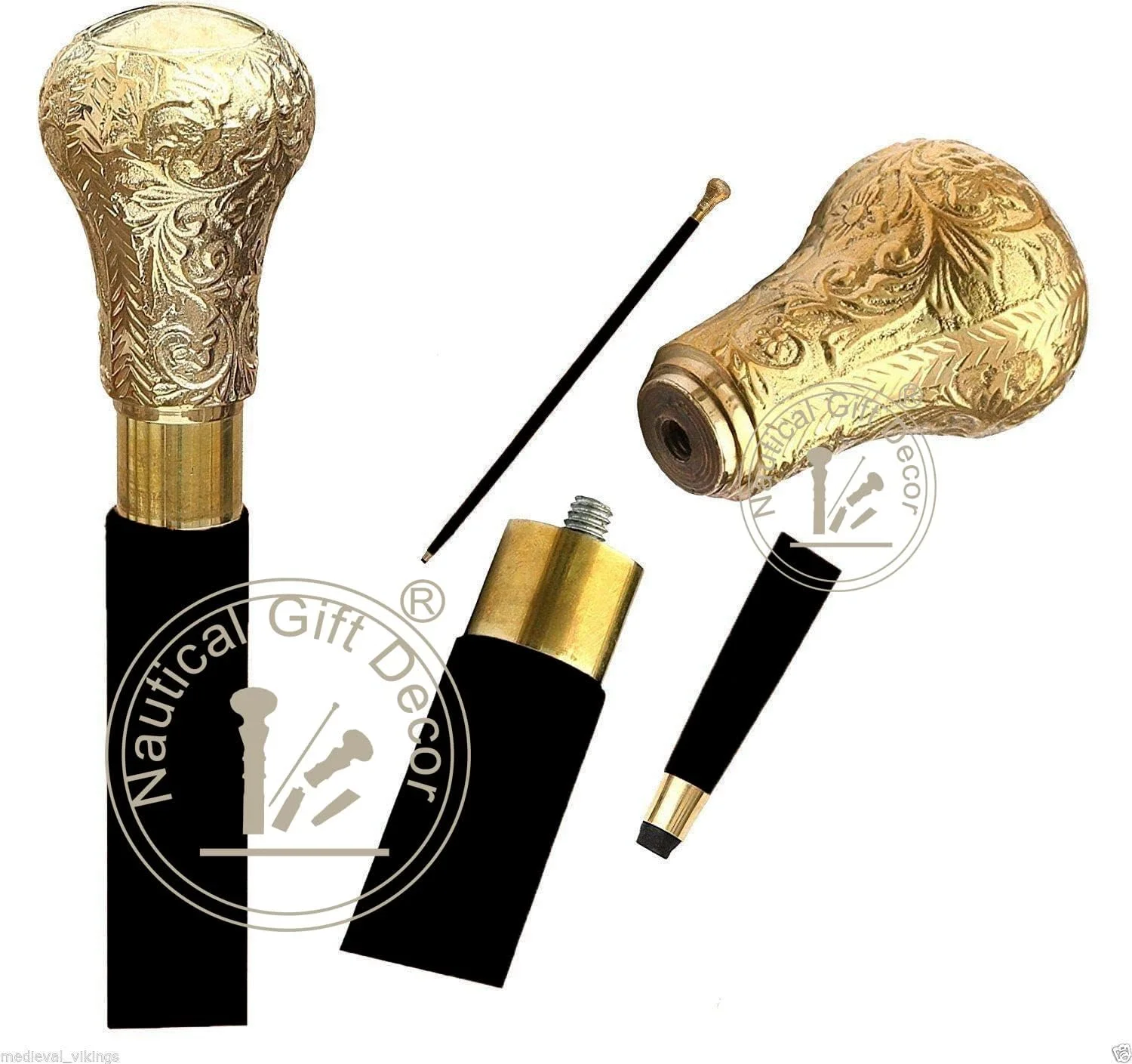 عصا و چوب دستی تزئینی هدیه دریایی در چوب طبیعی با دسته برنجی - عصای پیاده روی شیک، طلایی