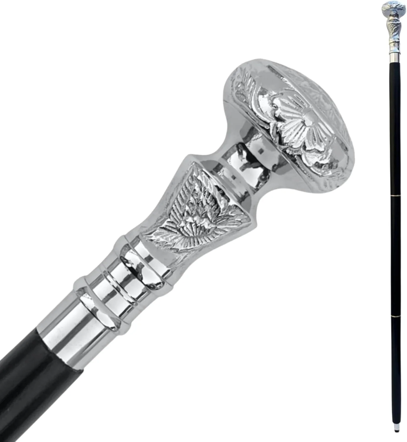 عصای چوبی عتیقه Nodyes - عصای چوبی دست ساز با طراحی زیبا به سبک عتیقه با دسته برنجی نقره ای حکاکی شده، عصای بادوام و شیک برای مردان، زنان، سالمندان و کلکسیونرها