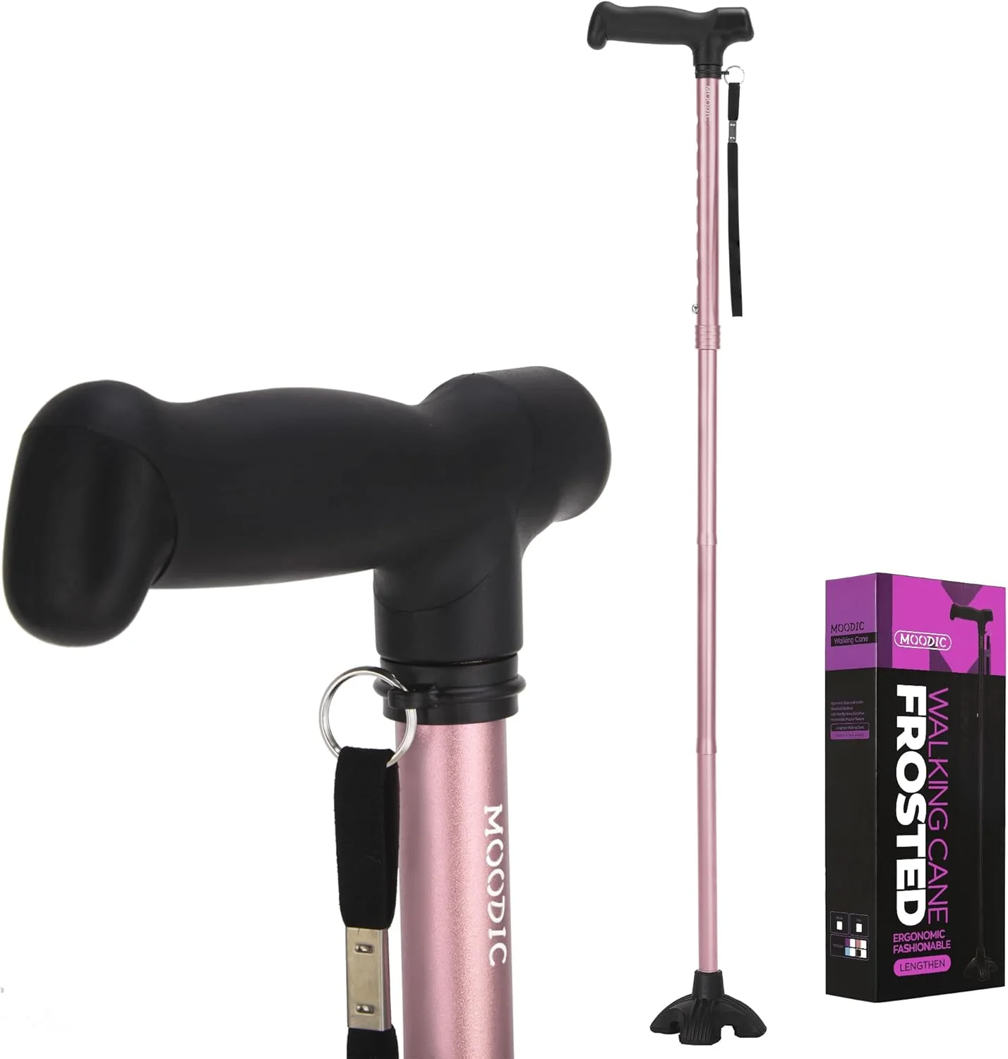 عصای پیاده روی زنانه MOODIC، دسته بلند، پایه محکم، تاشو، ارتفاع قابل تنظیم، سبک وزن، ایستاده، عصاهای قابل حمل زنانه برای ثبات (صورتی)