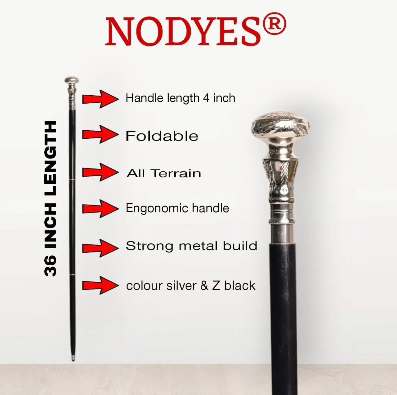 عصای چوبی عتیقه Nodyes - عصای چوبی دست ساز با طراحی زیبا به سبک عتیقه با دسته برنجی نقره ای حکاکی شده، عصای بادوام و شیک برای مردان، زنان، سالمندان و کلکسیونرها