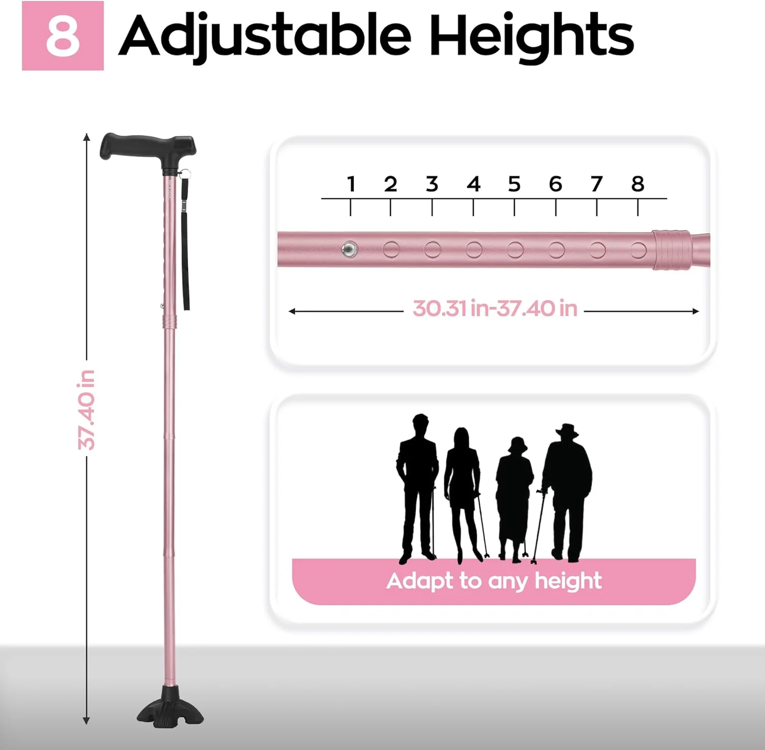 عصای پیاده روی زنانه MOODIC، دسته بلند، پایه محکم، تاشو، ارتفاع قابل تنظیم، سبک وزن، ایستاده، عصاهای قابل حمل زنانه برای ثبات (صورتی)