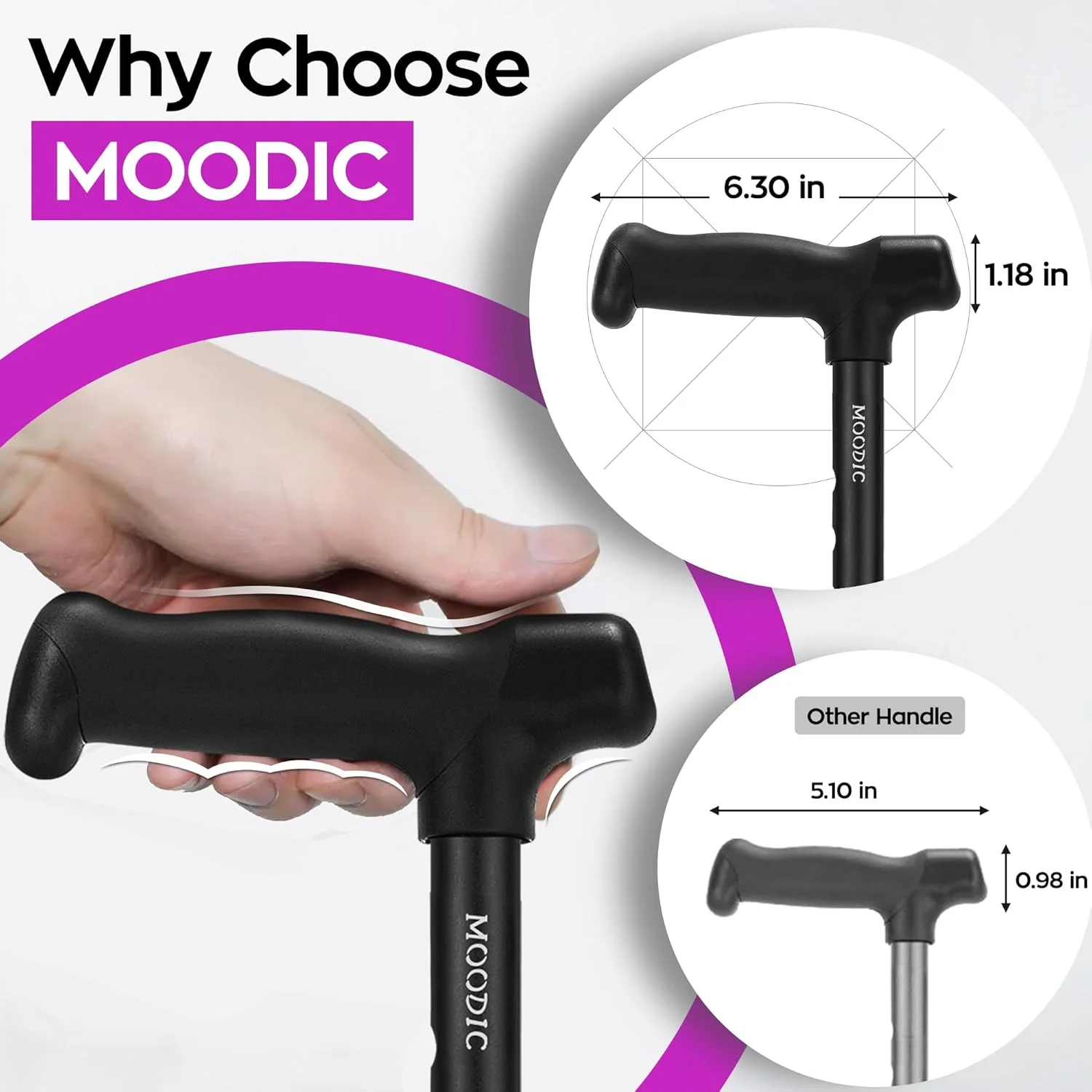 عصای پیاده روی دسته بلند MOODIC برای آقایان و بانوان، عصای تاشو با پایه محکم