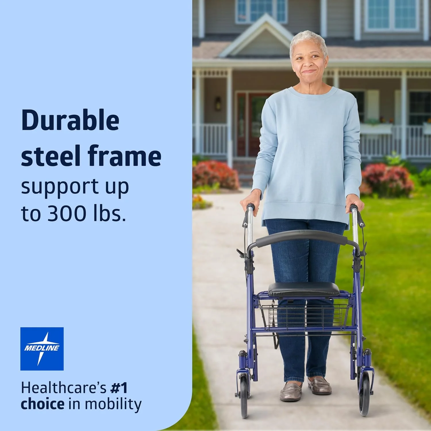 واکر رولیتور فولادی Medline با صندلی، آبی، ظرفیت وزنی 136 کیلوگرم، چرخ های 8 اینچی، تاشو، دسته های قابل تنظیم، واکر رولیتور برای سالمندان، واکر چرخ دار برای اختلالات حرکتی