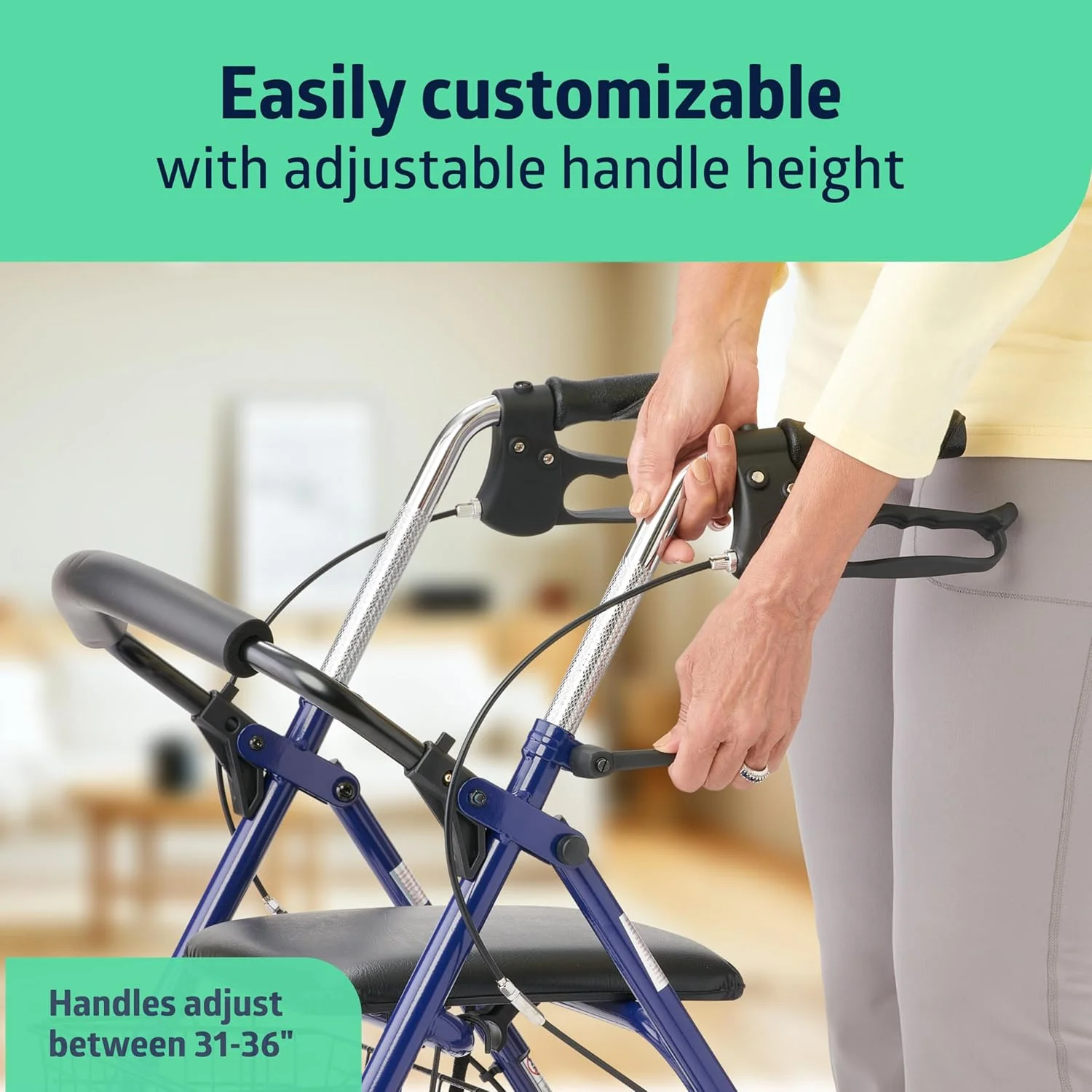 واکر رولیتور فولادی Medline با صندلی، آبی، ظرفیت وزنی 136 کیلوگرم، چرخ های 8 اینچی، تاشو، دسته های قابل تنظیم، واکر رولیتور برای سالمندان، واکر چرخ دار برای اختلالات حرکتی