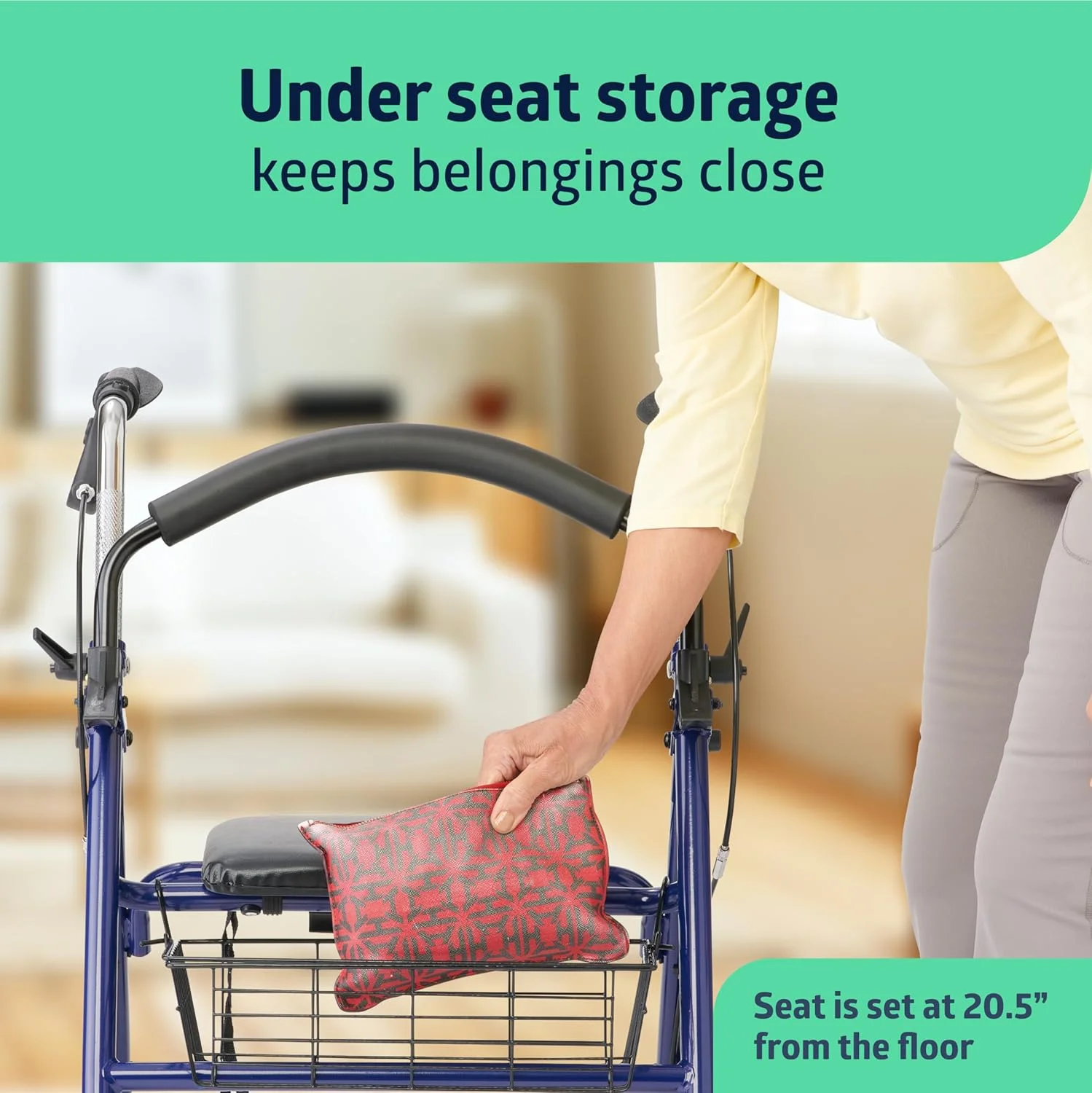 واکر رولیتور فولادی Medline با صندلی، آبی، ظرفیت وزنی 136 کیلوگرم، چرخ های 8 اینچی، تاشو، دسته های قابل تنظیم، واکر رولیتور برای سالمندان، واکر چرخ دار برای اختلالات حرکتی