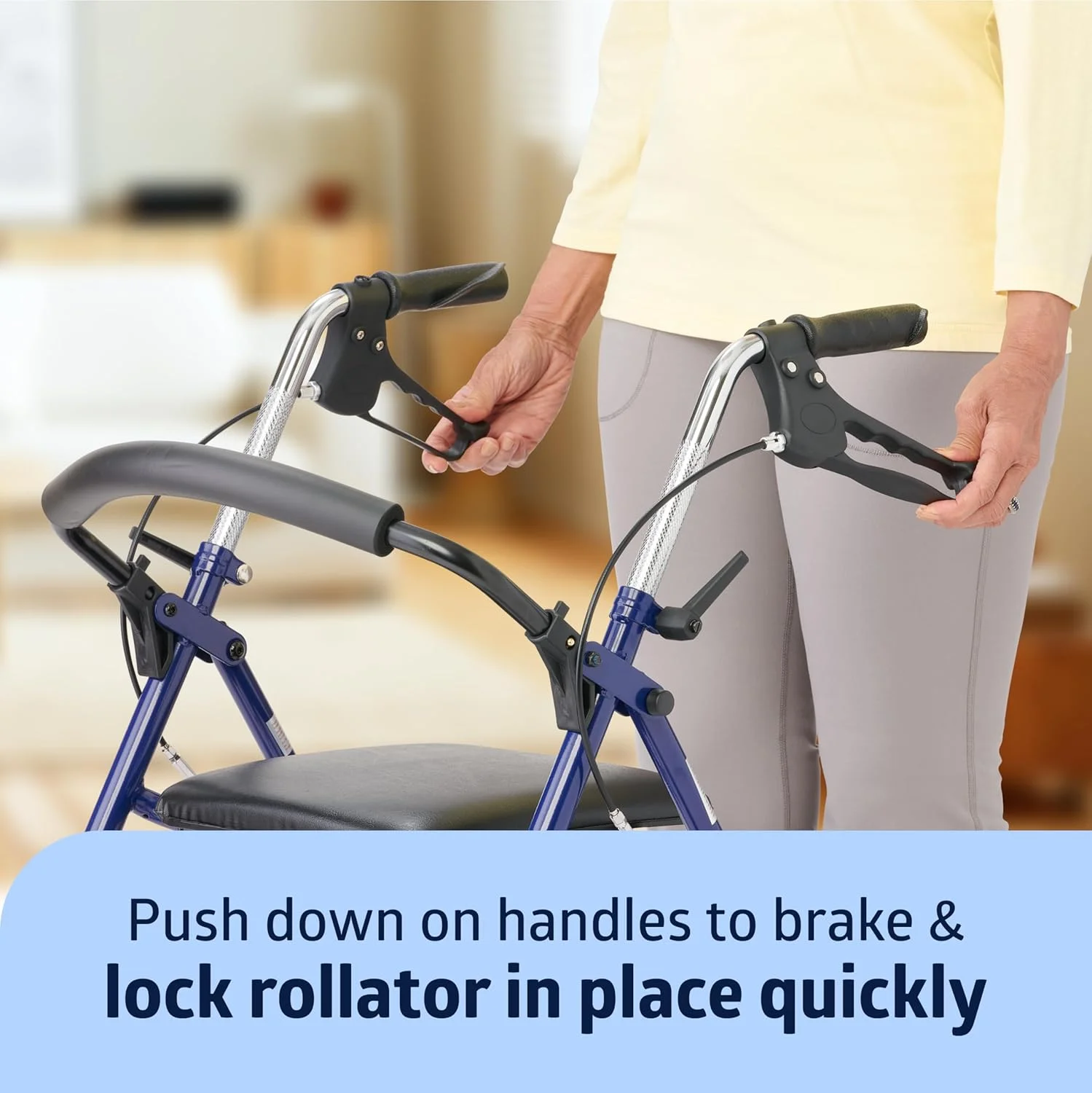 واکر رولیتور فولادی Medline با صندلی، آبی، ظرفیت وزنی 136 کیلوگرم، چرخ های 8 اینچی، تاشو، دسته های قابل تنظیم، واکر رولیتور برای سالمندان، واکر چرخ دار برای اختلالات حرکتی