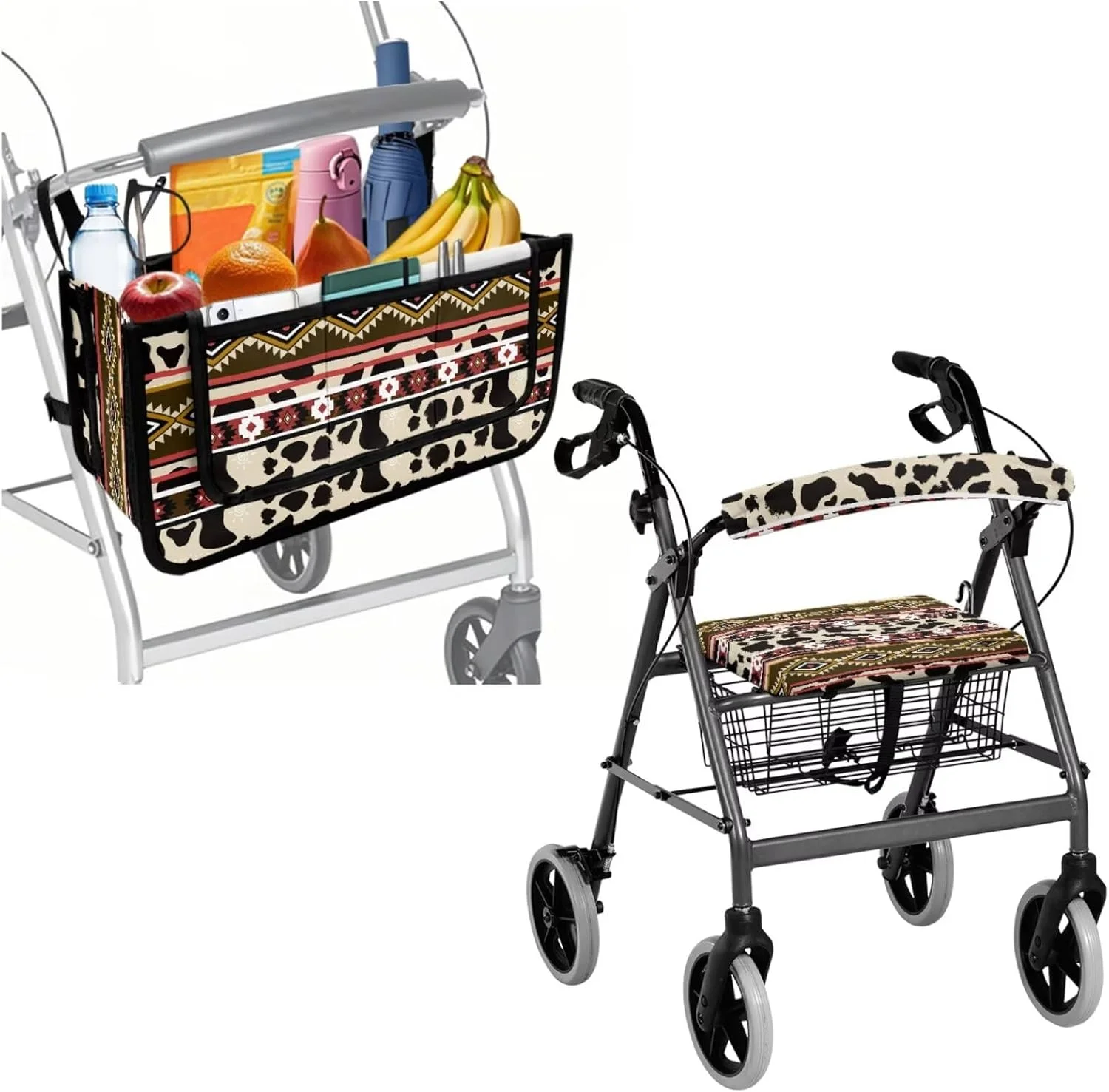 لوازم جانبی رولیتور 3 تکه LVEWYB با طرح گاوی قبیله ای آزتک برای سالمندان، سبد و روکش های رولیتور واکر زیبا برای سالمندان، ست روکش میله غلتکی برای سبد واکر بانوان و روکش صندلی و روکش پشتی