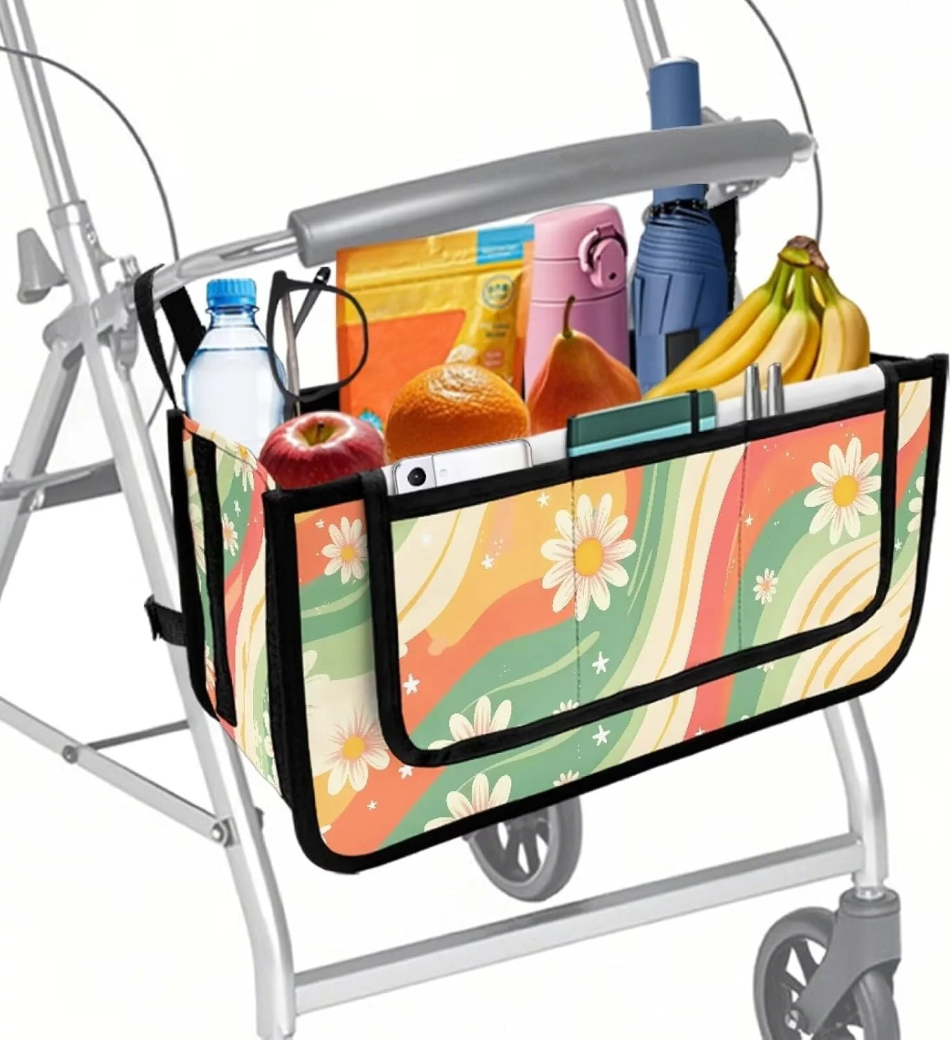 کیف لوازم جانبی واکر گل آفتابگردان هیپی LVEWYB، سبد واکر برای واکرهای تاشو با ظرفیت بزرگ و نگهداری بدون دست