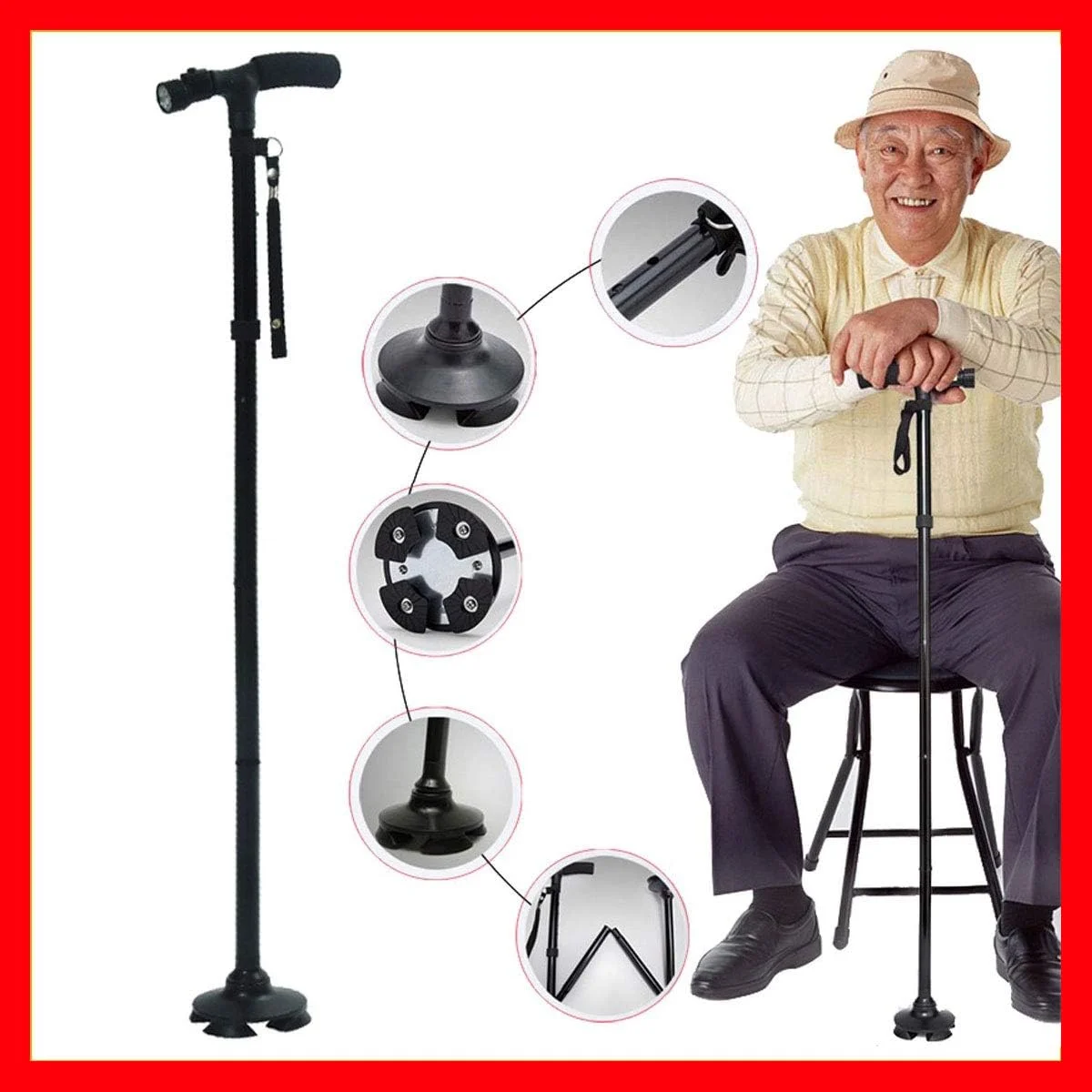 عصای جادویی - عصای پیاده روی هوشمند و آسان قابل تنظیم - عصای پیاده روی تاشو آلومینیومی سبک وزن، عصای جادویی نهایی قابل تنظیم، تاشو و قابل افزایش طول + چراغ های LED