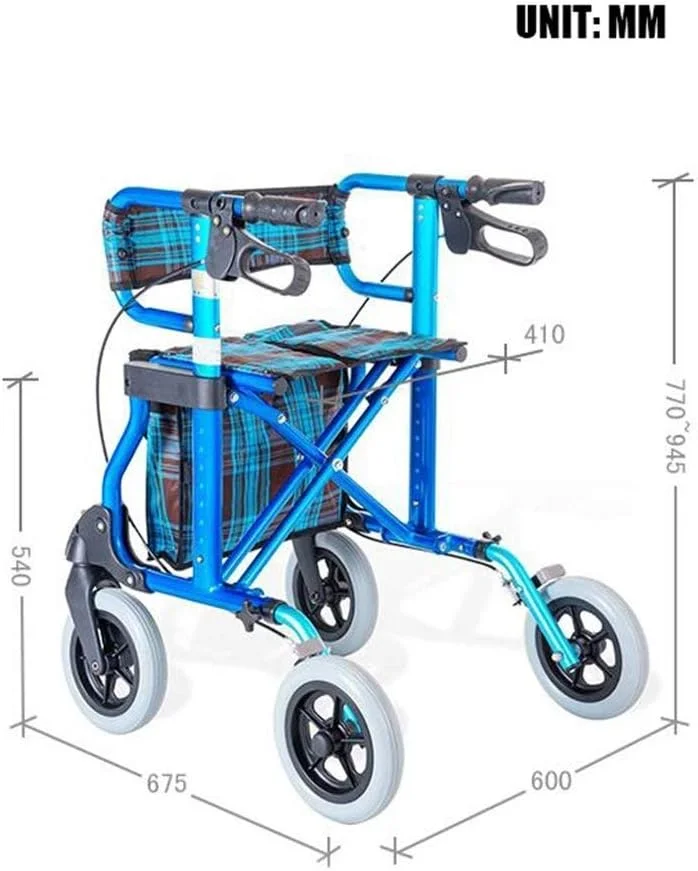 واکر رولیتی تاشو سبک وزن 4 چرخ با صندلی پد دار، ترمزهای قفل شونده و کیف نگهداری، ارتفاع قابل تنظیم، آبی، حداکثر بار 136 کیلوگرم