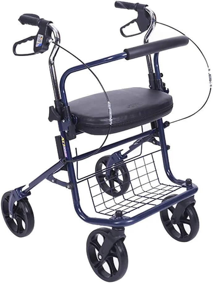 عصا زیر بغل Leunlee، واکر رولیتور تاشو چهار چرخ سبک وزن با صندلی پد دار/ترولی چرخ دستی خرید تاشو قابل حمل با ترمز دستی قفل شونده و دستگیره های ارگونومیک - 41x72x80-95 سانتی متر (رنگ: آبی)