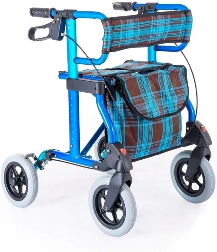واکر رولیتی تاشو سبک وزن 4 چرخ با صندلی پد دار، ترمزهای قفل شونده و کیف نگهداری، ارتفاع قابل تنظیم، آبی، حداکثر بار 136 کیلوگرم
