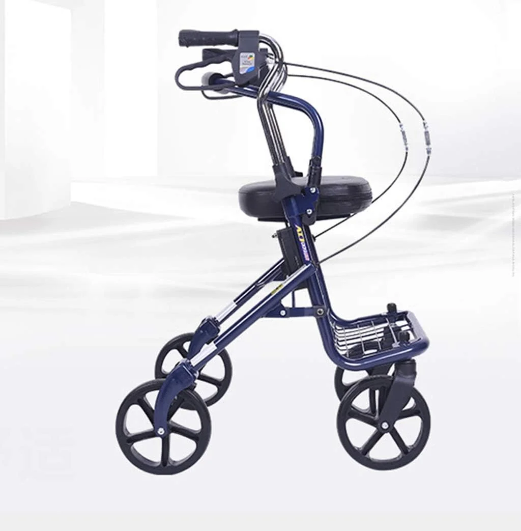 عصا زیر بغل Leunlee، واکر رولیتور تاشو چهار چرخ سبک وزن با صندلی پد دار/ترولی چرخ دستی خرید تاشو قابل حمل با ترمز دستی قفل شونده و دستگیره های ارگونومیک - 41x72x80-95 سانتی متر (رنگ: آبی)