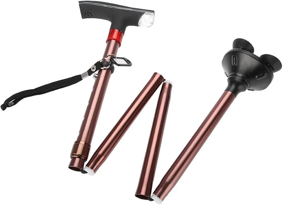 عصای سالمندان LHQ-HQ، عصای تاشو 5 قسمتی آلومینیومی با سر T، ضد لغزش، دارای چراغ و آلارم، مناسب برای افراد مسن و معلول