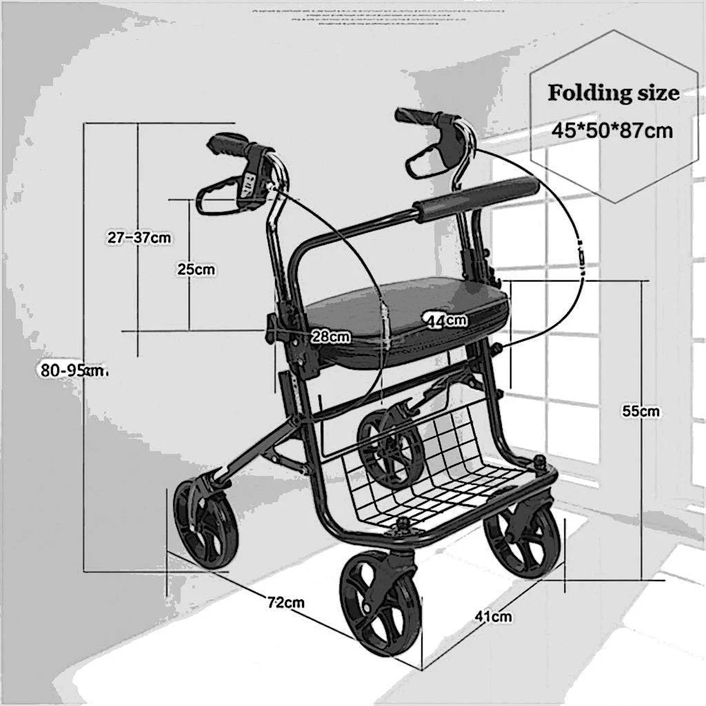 عصا زیر بغل Leunlee، واکر رولیتور تاشو چهار چرخ سبک وزن با صندلی پد دار/ترولی چرخ دستی خرید تاشو قابل حمل با ترمز دستی قفل شونده و دستگیره های ارگونومیک - 41x72x80-95 سانتی متر (رنگ: آبی)
