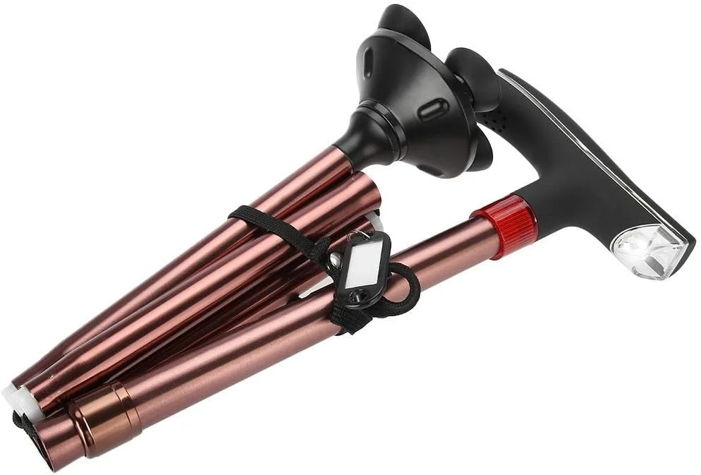 عصای سالمندان LHQ-HQ، عصای تاشو 5 قسمتی آلومینیومی با سر T، ضد لغزش، دارای چراغ و آلارم، مناسب برای افراد مسن و معلول