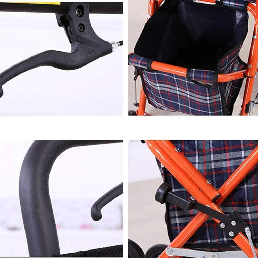 واکر رولیتی سبک وزن، واکر قابل حمل با صندلی، تکیه گاه پیاده روی، چرخ دستی با کیف، سبد خرید، کالسکه اسکوتر تاشو، سیستم ترمز دوبل 4 چرخ