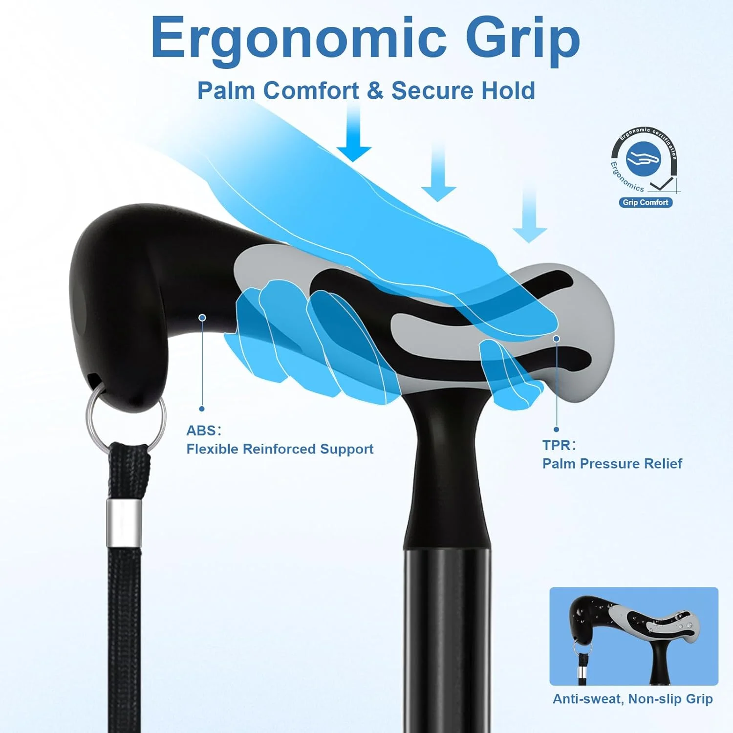 عصای پیاده روی KingPavonini برای حفظ تعادل مردان و زنان، عصای تاشو ایستاده، دسته ارگونومیک با پایه چهارگانه چرخشی، مقاوم و سنگین تا وزن 158 کیلوگرم، عصای پیاده روی قابل تنظیم برای حفظ تعادل سالمندان به همراه کیف مسافرتی