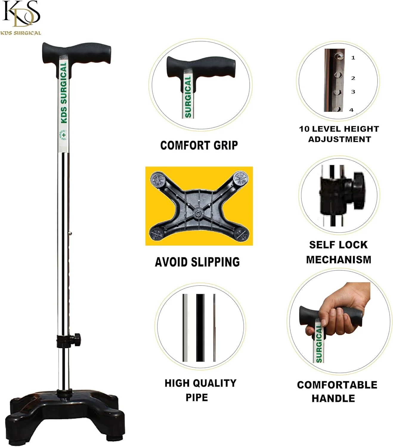 عصای چهارپایه آهنی KDS SURGICAL با قابلیت تنظیم ارتفاع (مشکی) عصای چهارپایه آهنی KDS SURGICAL با قابلیت تنظیم ارتفاع (مشکی)