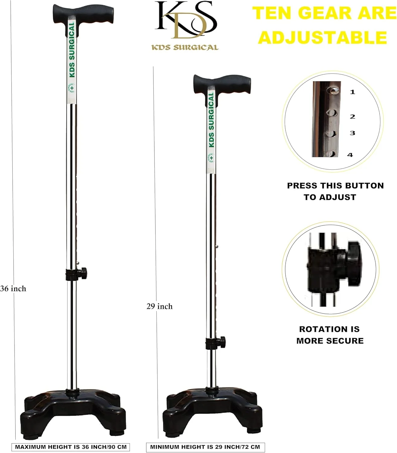 عصای چهارپایه آهنی KDS SURGICAL با قابلیت تنظیم ارتفاع (مشکی) عصای چهارپایه آهنی KDS SURGICAL با قابلیت تنظیم ارتفاع (مشکی)