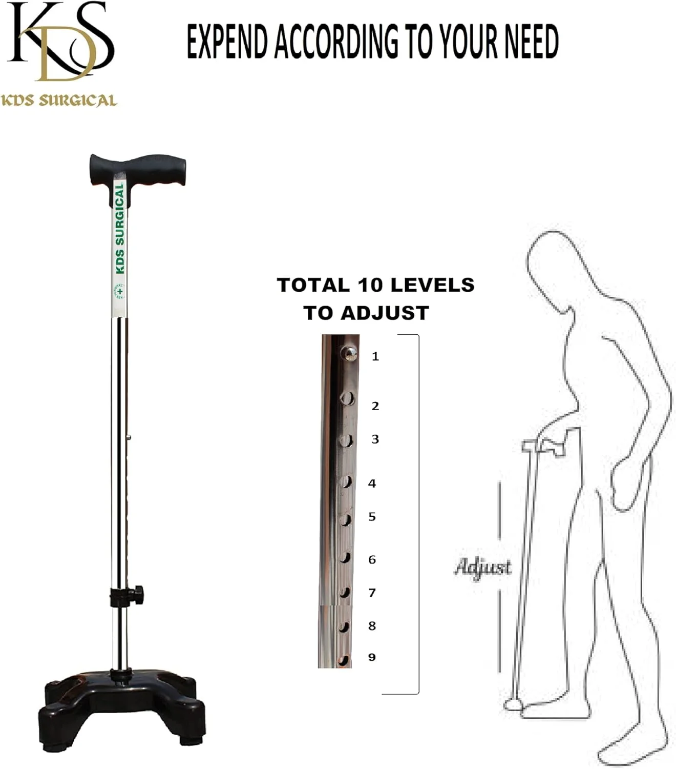 عصای چهارپایه آهنی KDS SURGICAL با قابلیت تنظیم ارتفاع (مشکی) عصای چهارپایه آهنی KDS SURGICAL با قابلیت تنظیم ارتفاع (مشکی)