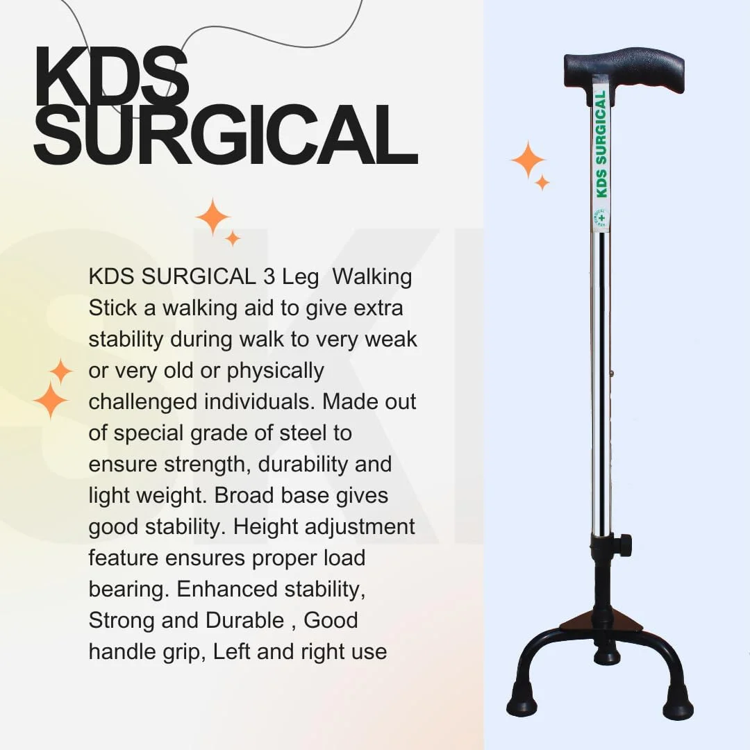 عصای سه پایه فلزی کروم با قابلیت تنظیم ارتفاع KDS SURGICAL - مناسب سالمندان، نقره ای عصای سه پایه فلزی کروم با قابلیت تنظیم ارتفاع KDS SURGICAL - مناسب سالمندان، نقره ای