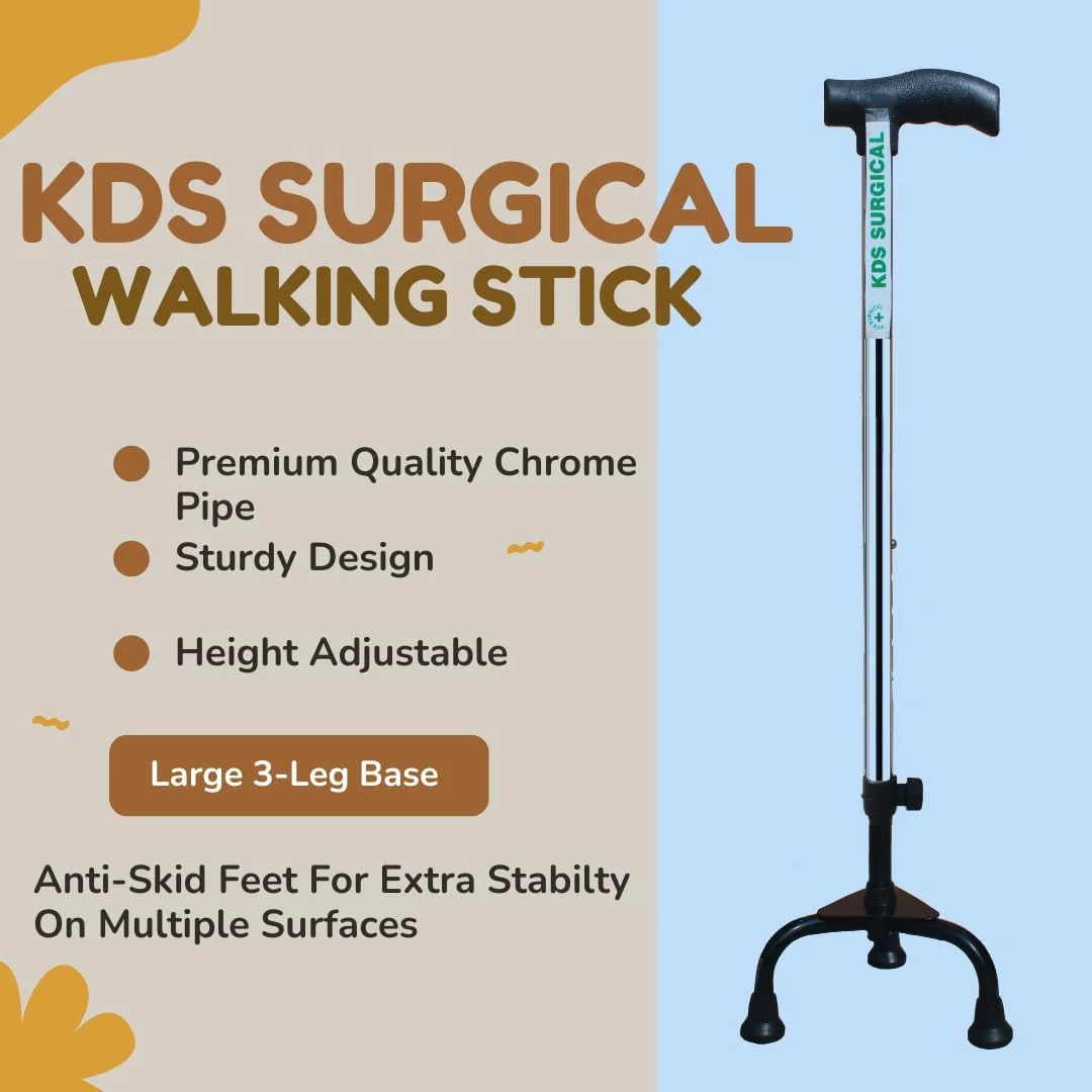 عصای سه پایه فلزی کروم با قابلیت تنظیم ارتفاع KDS SURGICAL - مناسب سالمندان، نقره ای عصای سه پایه فلزی کروم با قابلیت تنظیم ارتفاع KDS SURGICAL - مناسب سالمندان، نقره ای
