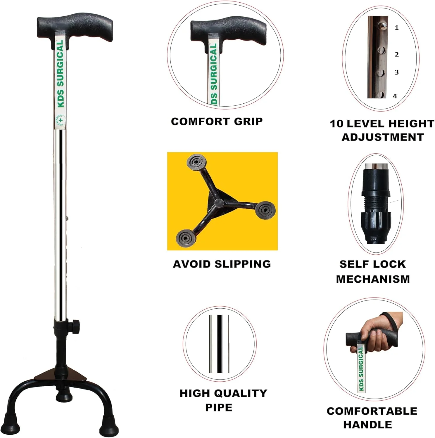 عصای سه پایه فلزی کروم با قابلیت تنظیم ارتفاع KDS SURGICAL - مناسب سالمندان، نقره ای عصای سه پایه فلزی کروم با قابلیت تنظیم ارتفاع KDS SURGICAL - مناسب سالمندان، نقره ای