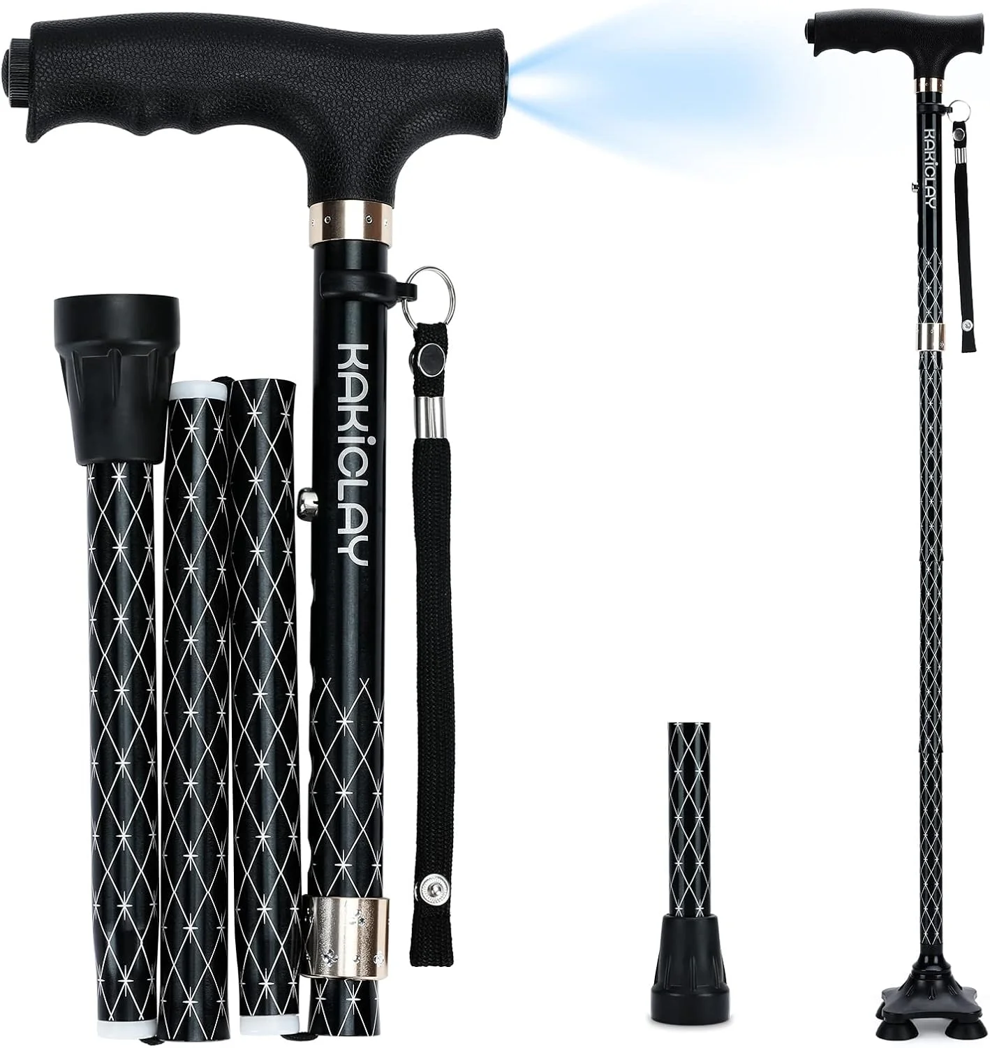 عصای تاشو پیاده‌روی KAKICLAY با چراغ LED برای زنان و مردان - تاشو، قابل تنظیم، عصای آلومینیومی سبک وزن برای سالمندان و بزرگسالان