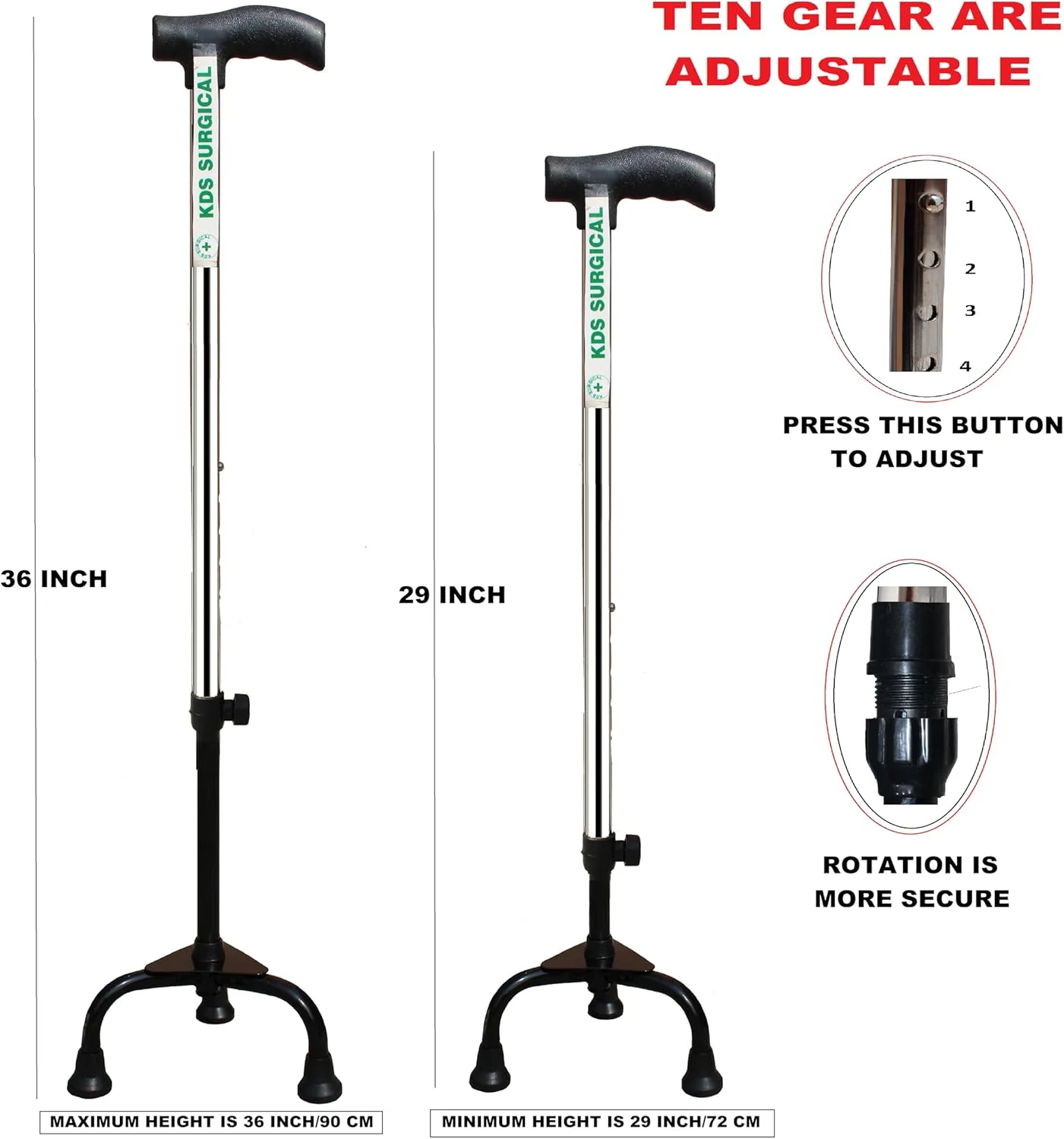 عصای سه پایه فلزی کروم با قابلیت تنظیم ارتفاع KDS SURGICAL - مناسب سالمندان، نقره ای عصای سه پایه فلزی کروم با قابلیت تنظیم ارتفاع KDS SURGICAL - مناسب سالمندان، نقره ای