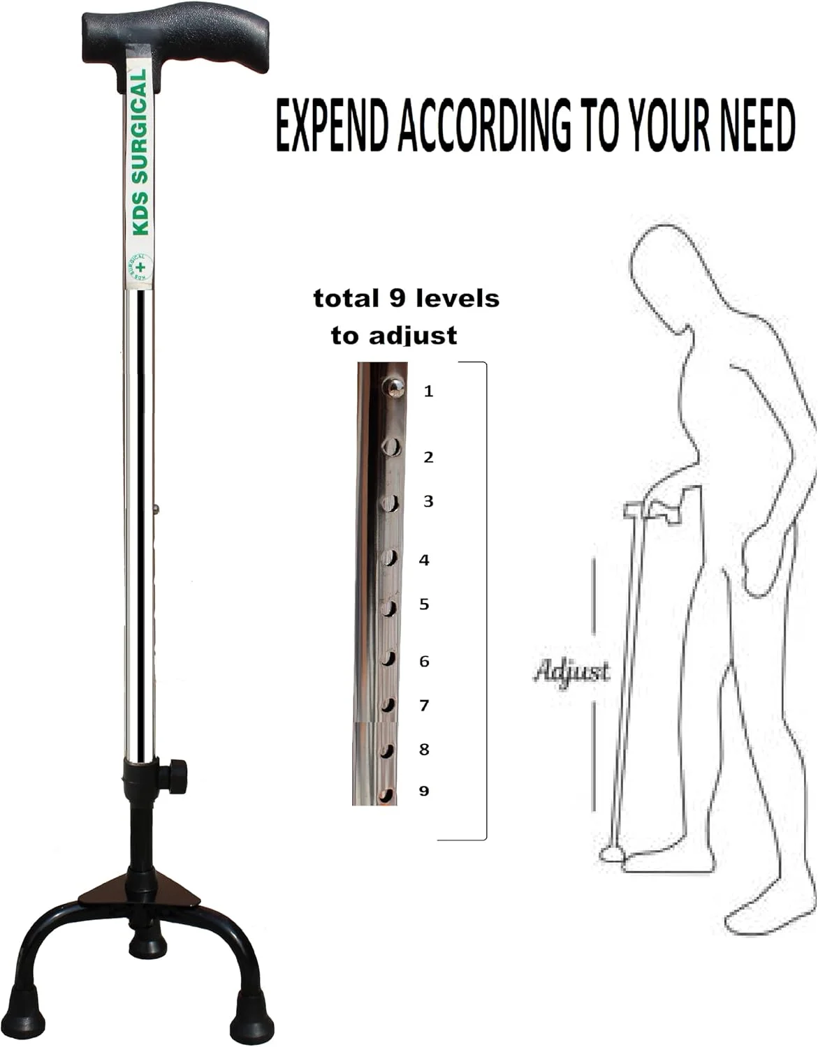 عصای سه پایه فلزی کروم با قابلیت تنظیم ارتفاع KDS SURGICAL - مناسب سالمندان، نقره ای عصای سه پایه فلزی کروم با قابلیت تنظیم ارتفاع KDS SURGICAL - مناسب سالمندان، نقره ای