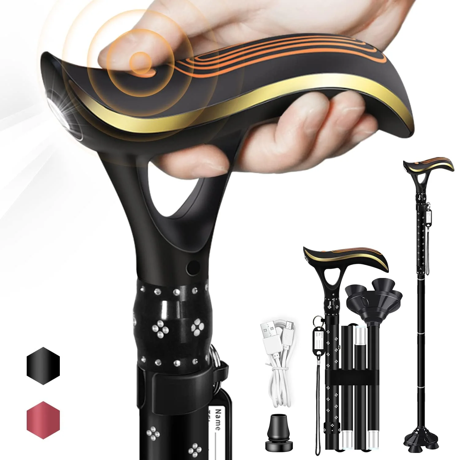 عصای تاشو ispuoocti، عصای تاشو هوشمند با زنگ هشدار و چراغ، عصای پیاده‌روی شیک برای زنان و مردان، عصای قابل تنظیم برای سالمندان، شارژ مستقیم USB، سبک و قابل حمل