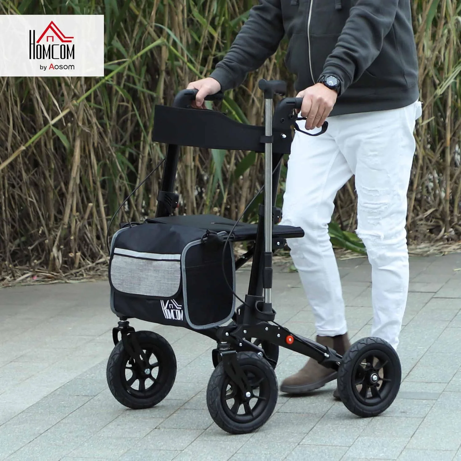 واکر رولیتور تاشو HOMCOM با صندلی پد دار، پشتی، فریم پیاده روی سبک وزن با کیف ذخیره سازی، ترمزهای دوگانه، چرخ های مناسب تمام سطوح، ارتفاع دسته قابل تنظیم، واکر 4 چرخ برای سالمندان، مشکی