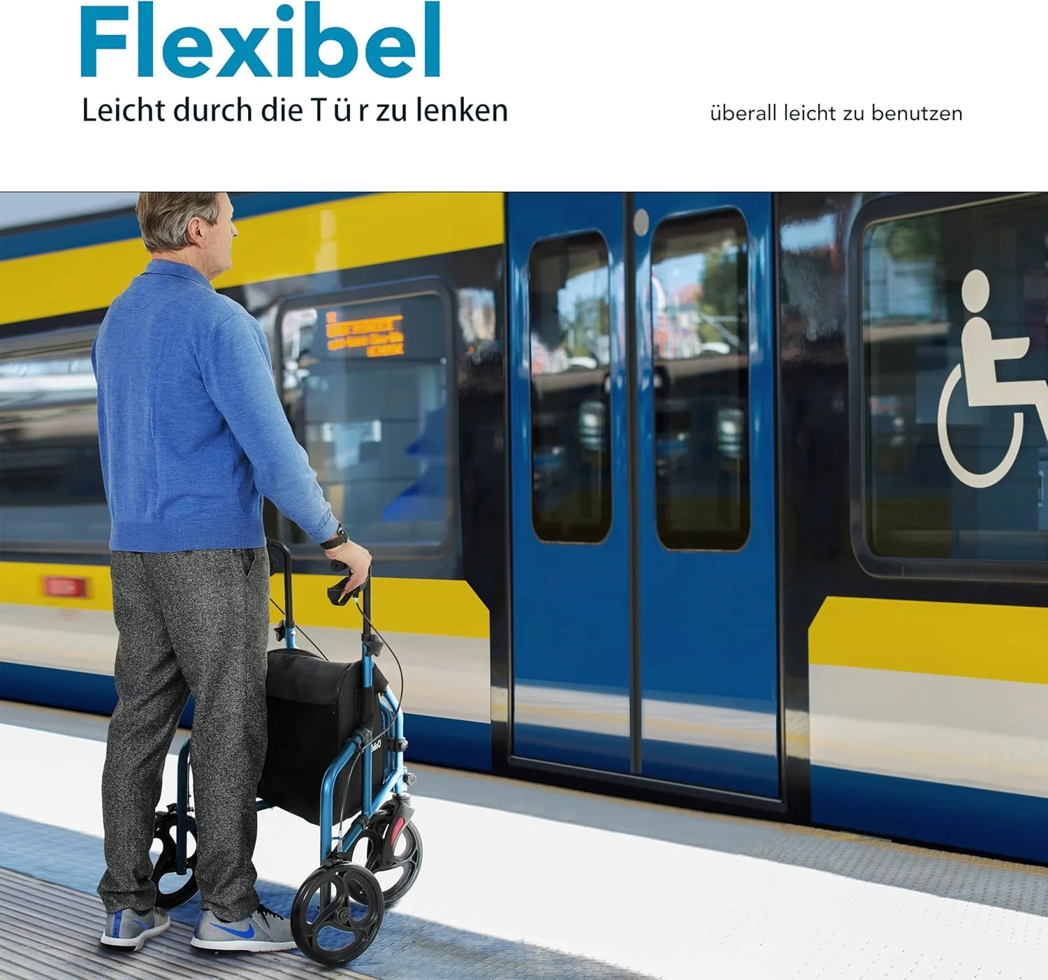 رولیتور سه چرخه باریک HEAO برای منزل، آلومینیومی با 3 چرخ، واکر تاشو آفرود، وسیله کمک حرکتی سبک وزن با کیف قابل جابجایی برای استفاده در فضای داخلی و خارجی، آبی