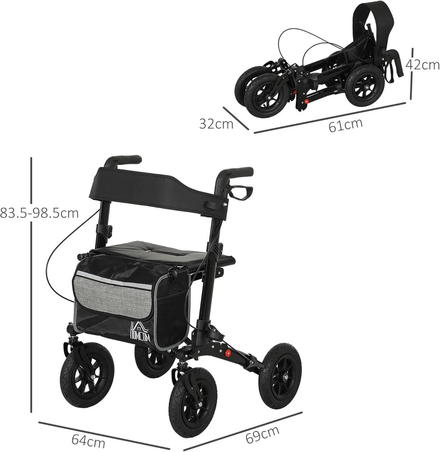 واکر رولیتور تاشو HOMCOM با صندلی پد دار، پشتی، فریم پیاده روی سبک وزن با کیف ذخیره سازی، ترمزهای دوگانه، چرخ های مناسب تمام سطوح، ارتفاع دسته قابل تنظیم، واکر 4 چرخ برای سالمندان، مشکی