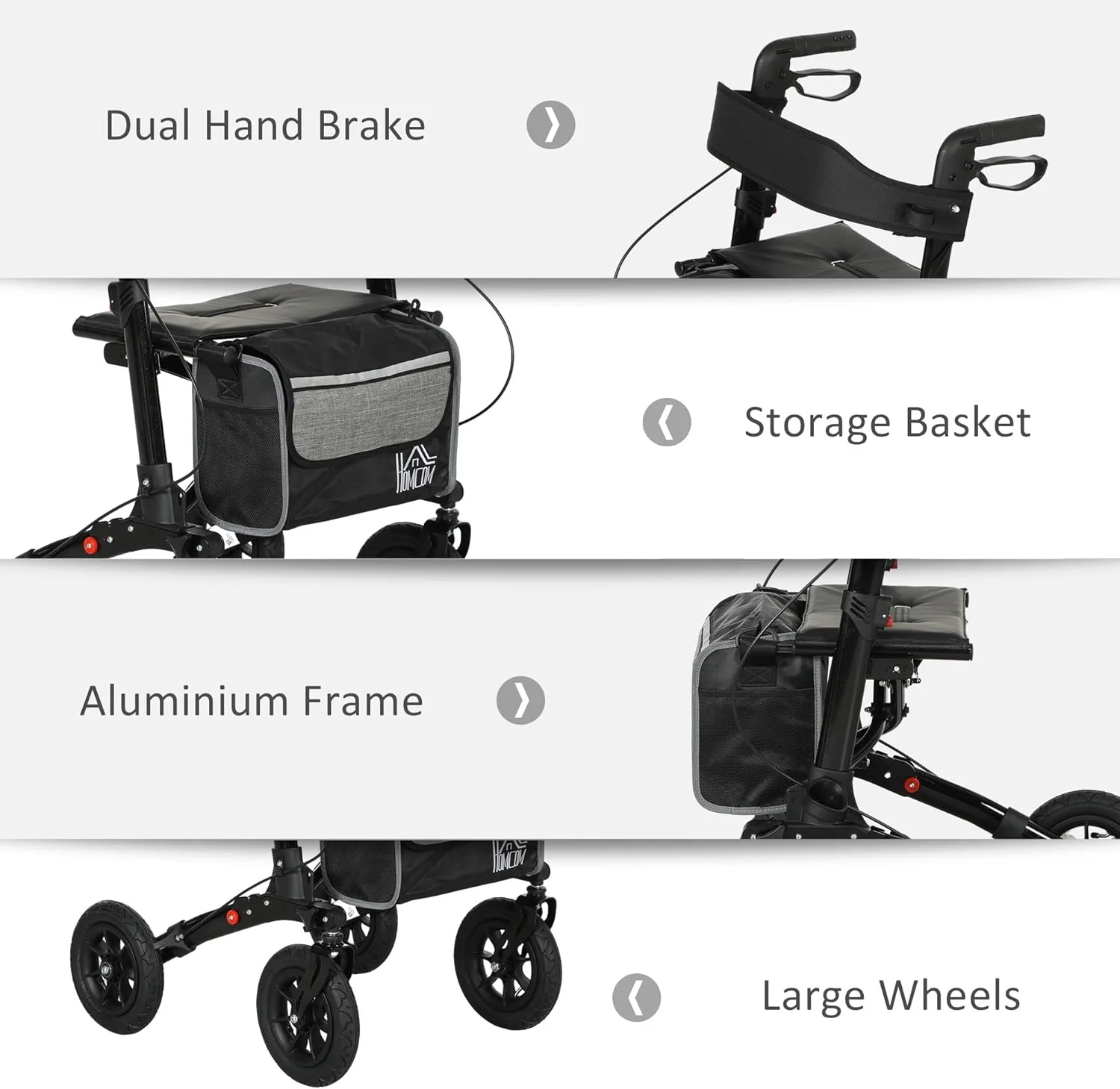 واکر رولیتور تاشو HOMCOM با صندلی پد دار، پشتی، فریم پیاده روی سبک وزن با کیف ذخیره سازی، ترمزهای دوگانه، چرخ های مناسب تمام سطوح، ارتفاع دسته قابل تنظیم، واکر 4 چرخ برای سالمندان، مشکی