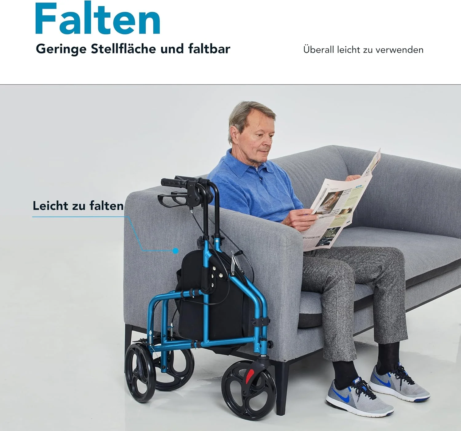 رولیتور سه چرخه باریک HEAO برای منزل، آلومینیومی با 3 چرخ، واکر تاشو آفرود، وسیله کمک حرکتی سبک وزن با کیف قابل جابجایی برای استفاده در فضای داخلی و خارجی، آبی