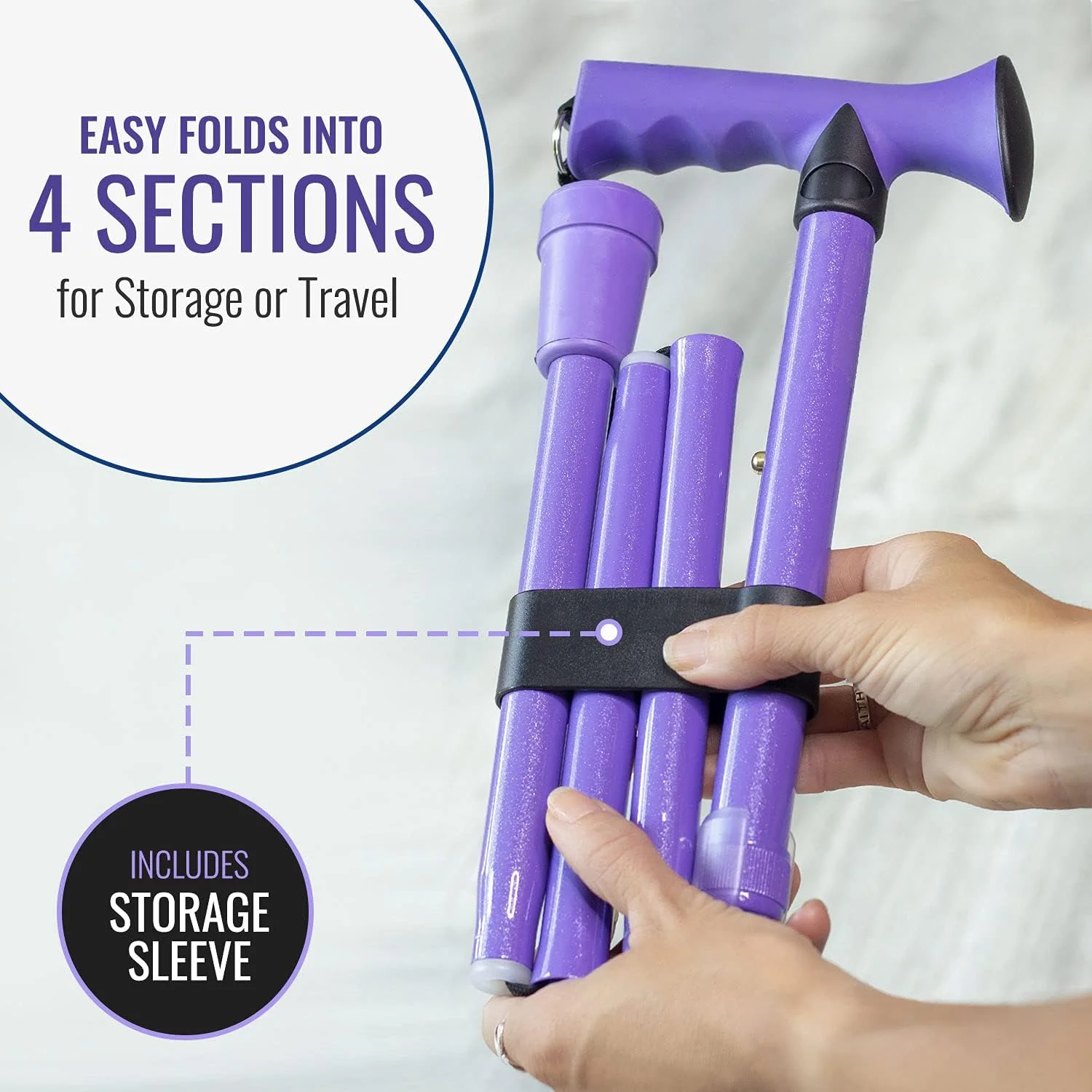 عصای تاشو HealthSmart، عصای تاشو با دستگیره نرم و راحت، عصای پیاده روی تاشو قابل تنظیم، یاس بنفش