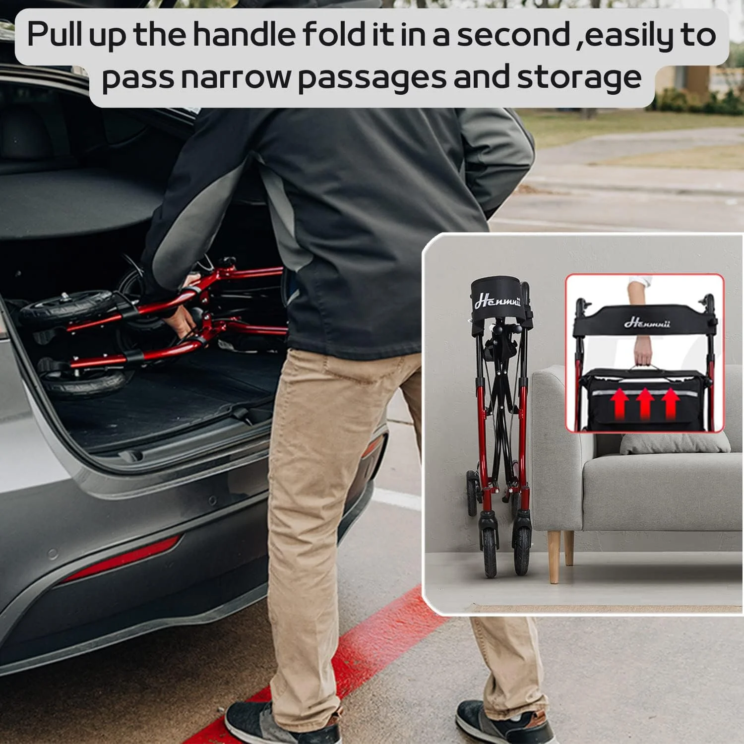 رولیتور واکر سالمندان Henmnii، واکر چرخدار تاشو سبک وزن مناسب تمام سطوح با صندلی، واکرهای آلومینیومی با چرخ های لاستیکی 8 اینچی، دستگیره و پشتی برای سالمندان و بزرگسالان