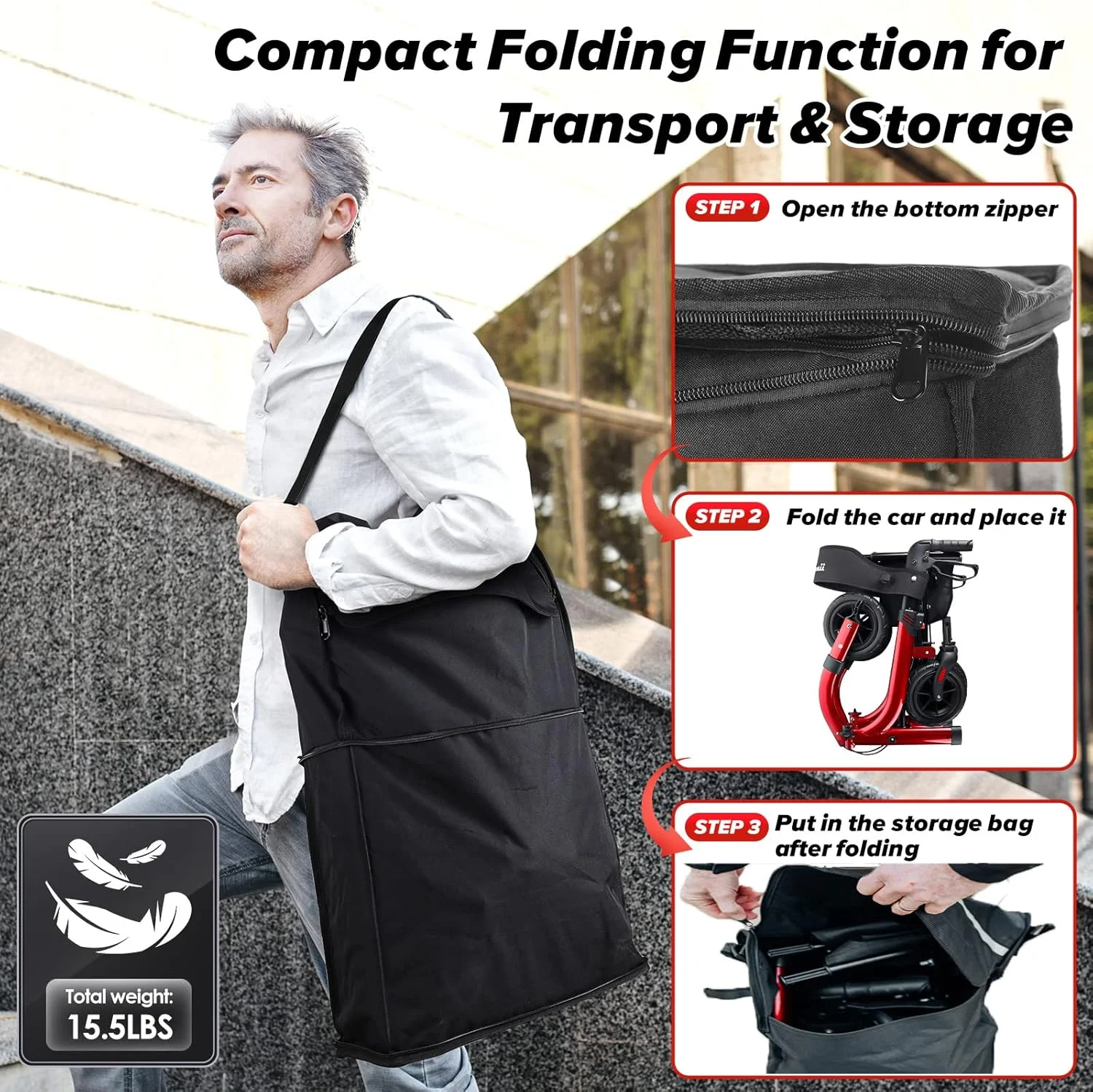 رولیتور واکر سالمندان Henmnii، واکر چرخدار تاشو سبک وزن مناسب تمام سطوح با صندلی، واکرهای آلومینیومی با چرخ های لاستیکی 8 اینچی، دستگیره و پشتی برای سالمندان و بزرگسالان