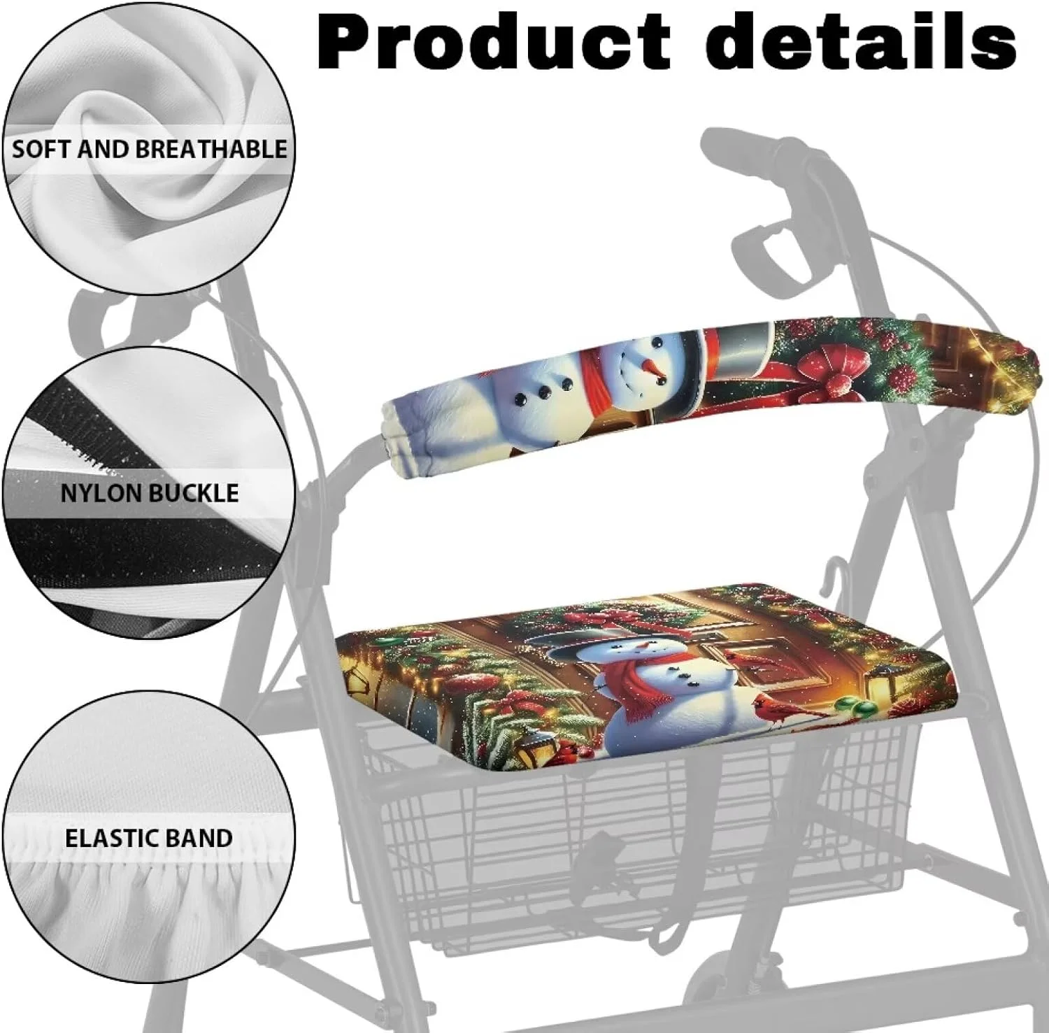 لوازم جانبی واکر کریسمس Gomyblomy برای سالمندان، روکش های نرم صندلی و پشتی واکر رولیتور، طرح آدم برفی، روکش های قابل شستشوی کوسن صندلی برای رولیتورها، دکوراسیون کریسمس برای زنان و مردان