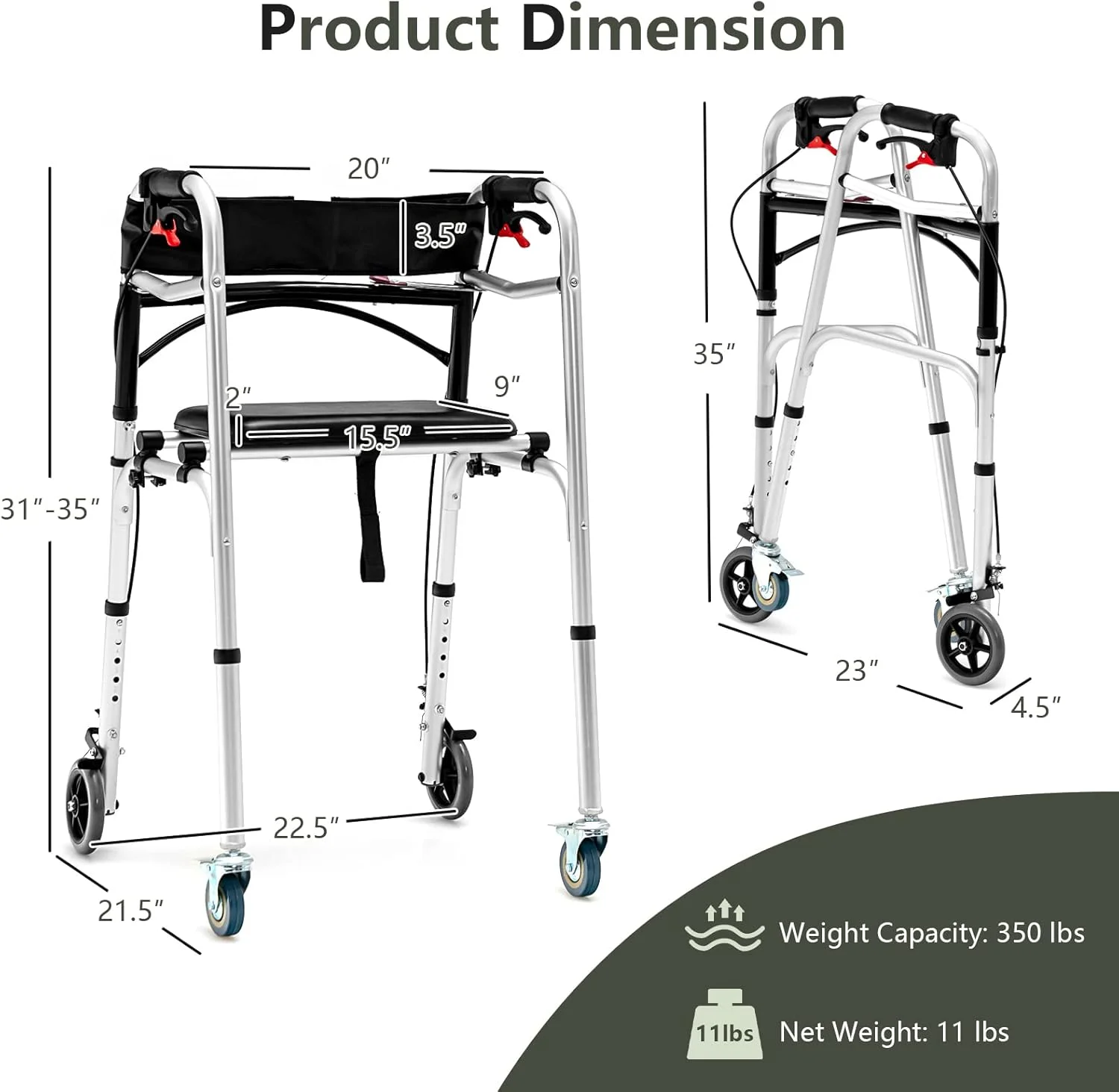 واکر سالمندان Goplus، واکر تاشو 4 در 1 با چرخ های 5 اینچی، صندلی جداشدنی، واکر ایستاده با قابلیت تنظیم ارتفاع، وسیله کمکی حرکتی پزشکی، واکر چرخ دار 350 پوندی برای افراد بزرگسال دارای معلولیت