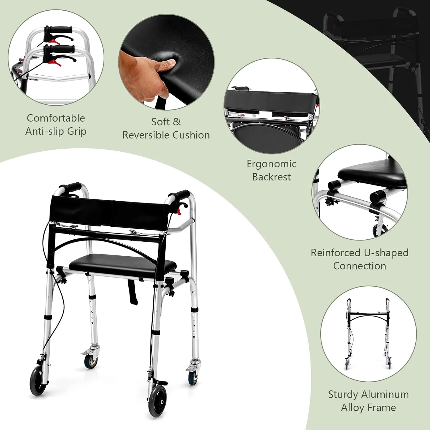 واکر سالمندان Goplus، واکر تاشو 4 در 1 با چرخ های 5 اینچی، صندلی جداشدنی، واکر ایستاده با قابلیت تنظیم ارتفاع، وسیله کمکی حرکتی پزشکی، واکر چرخ دار 350 پوندی برای افراد بزرگسال دارای معلولیت