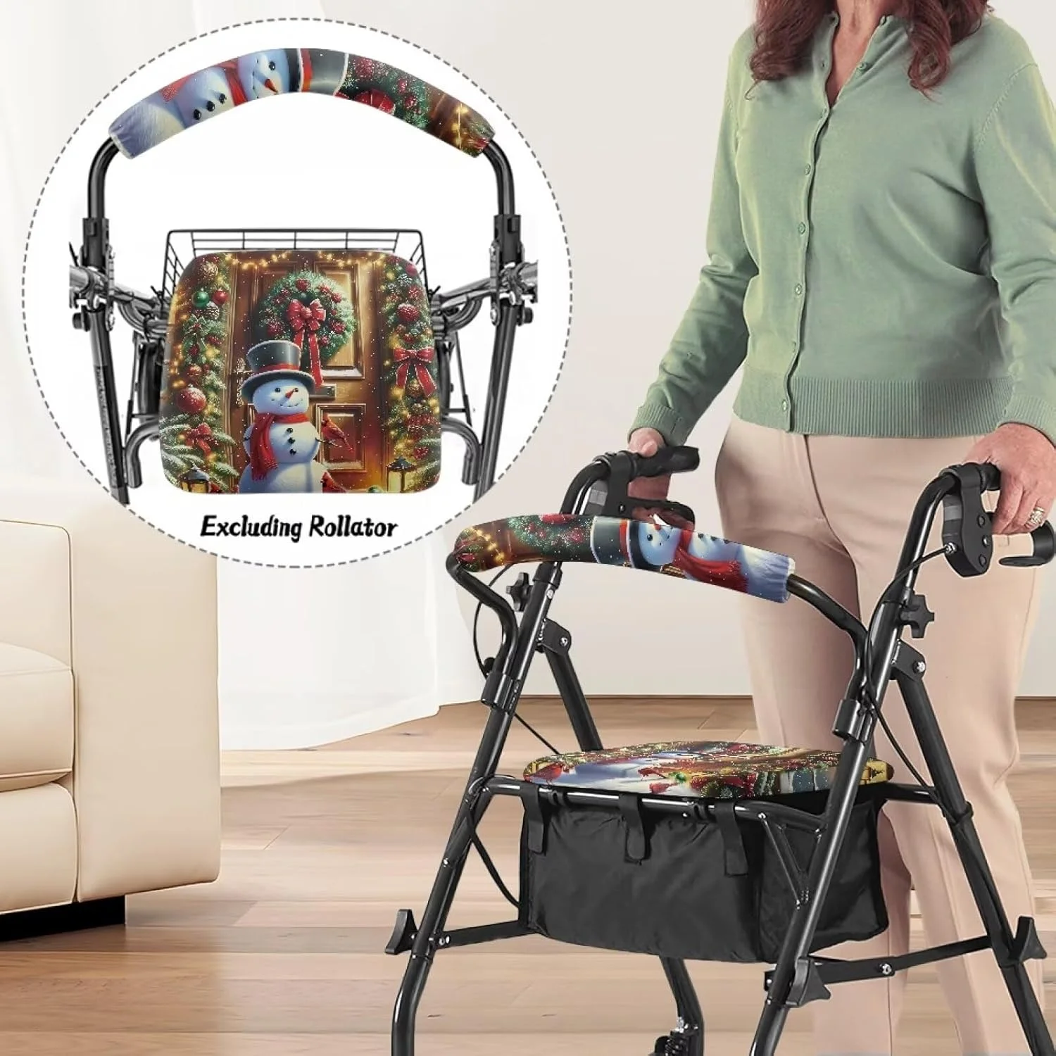 لوازم جانبی واکر کریسمس Gomyblomy برای سالمندان، روکش های نرم صندلی و پشتی واکر رولیتور، طرح آدم برفی، روکش های قابل شستشوی کوسن صندلی برای رولیتورها، دکوراسیون کریسمس برای زنان و مردان
