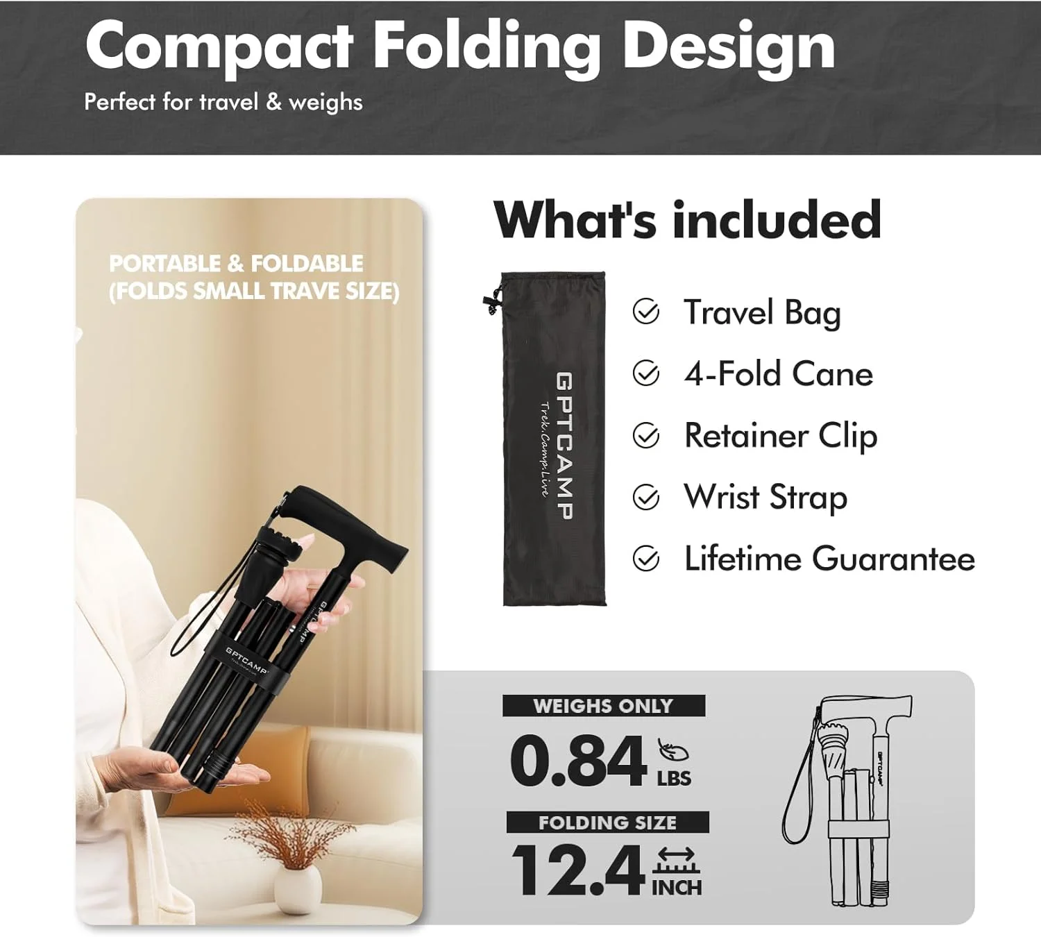 عصای پیاده روی GPTCAMP G2 برای زنان و مردان، شیک، تاشو، سبک وزن و محکم با دسته های T راحت