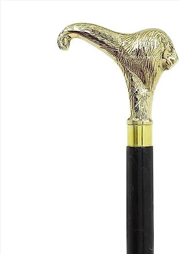 عصای پیاده روی چوبی با سر شیر برنجی دست ساز و طراحی وینتیج فولکروم، هدیه ای ایده آل
