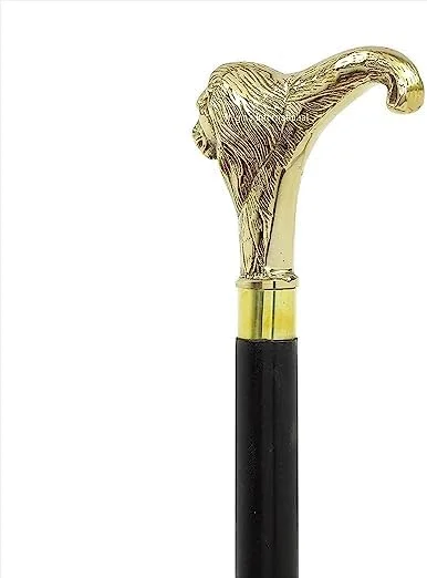 عصای پیاده روی چوبی با سر شیر برنجی دست ساز و طراحی وینتیج فولکروم، هدیه ای ایده آل